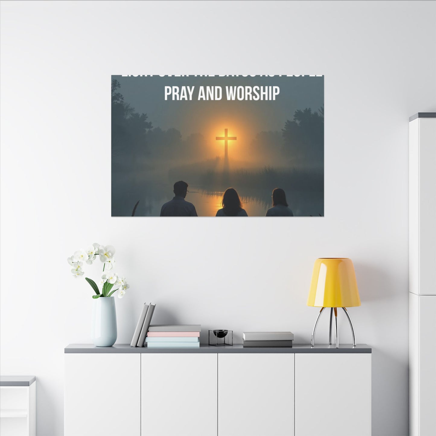 Faith Wall Art Canvas — “The Light of the Cross Puts Light Over the Bayou as People Pray and Worship”