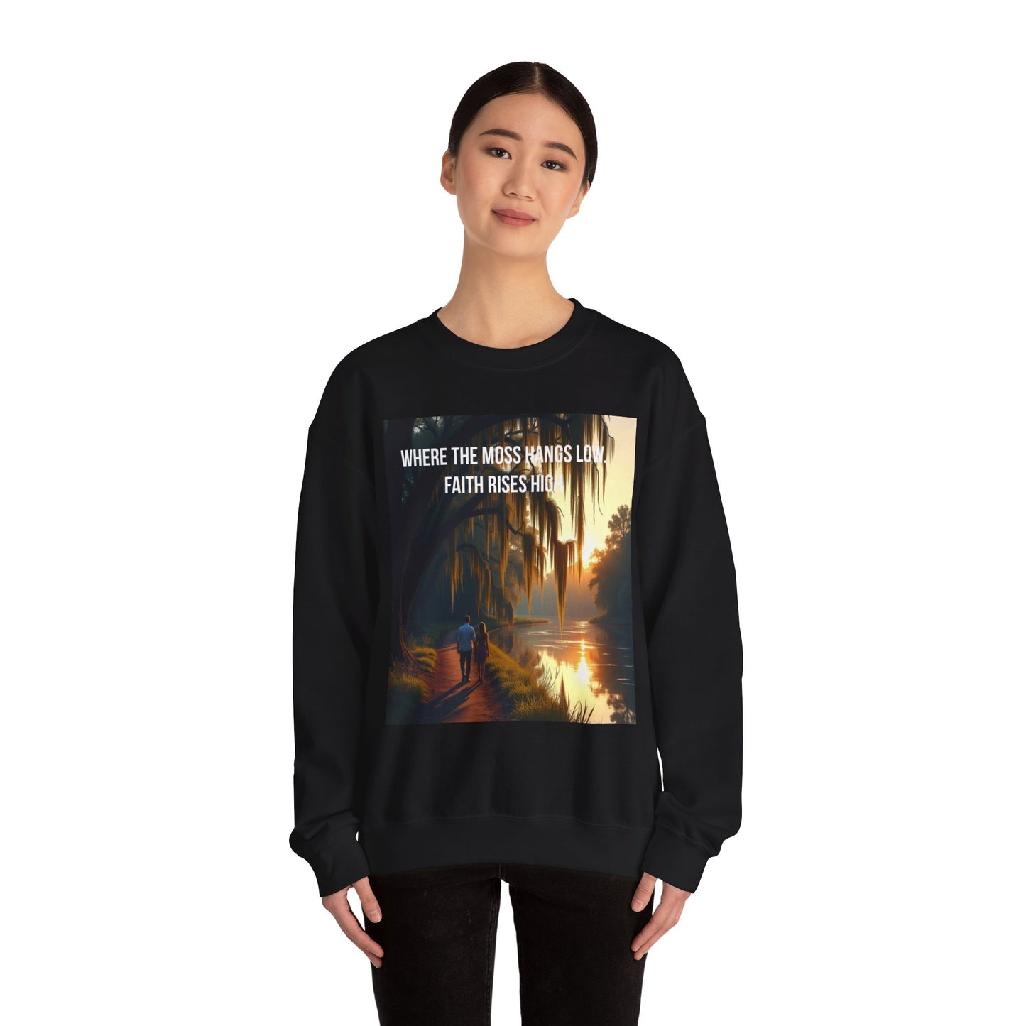 Inspirational Southern Bayou Sweatshirt — "Where the Moss Hangs Low, Faith Rises High"
