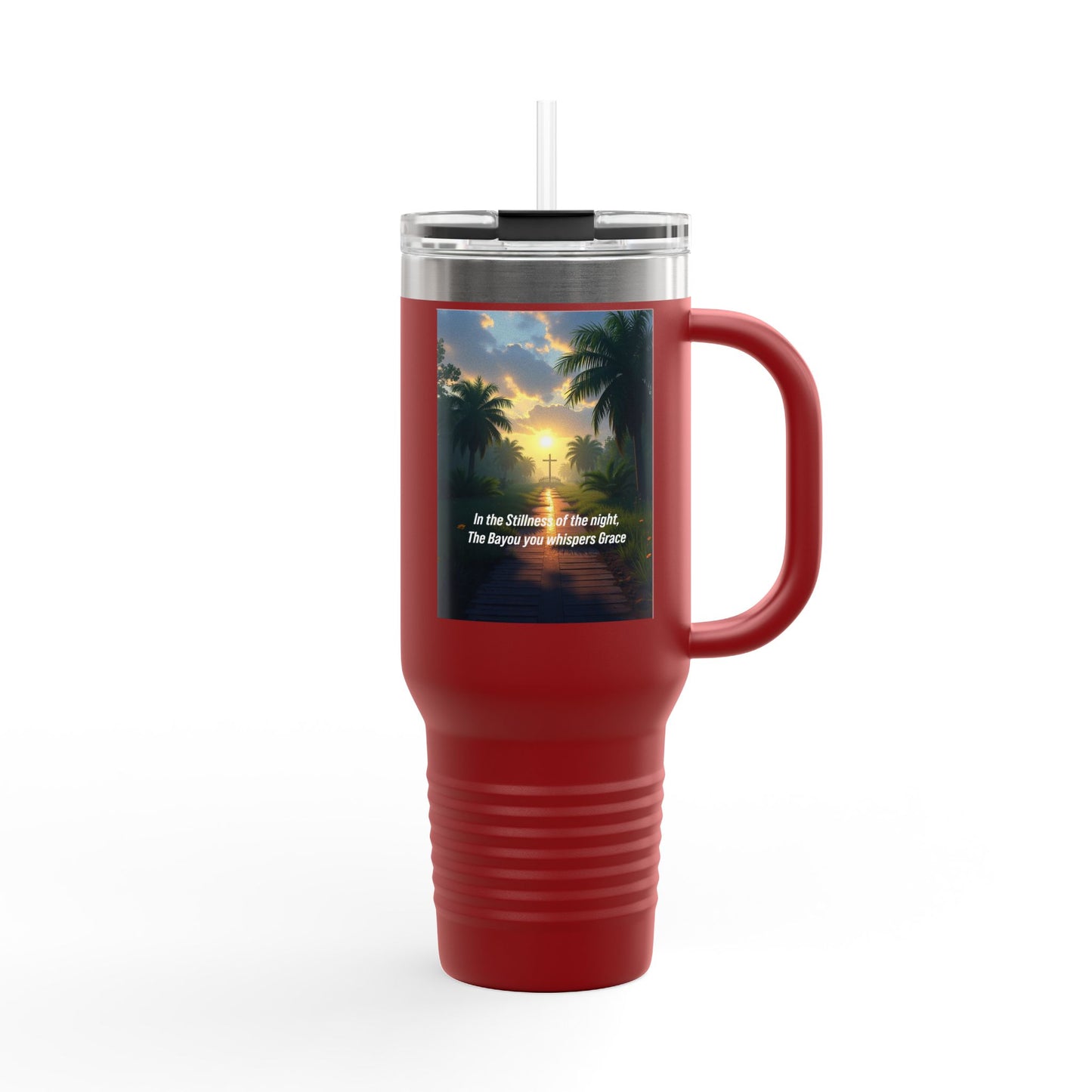 40oz Insulated Travel Mug — Tropical Sunset Design with Inspirational Quote