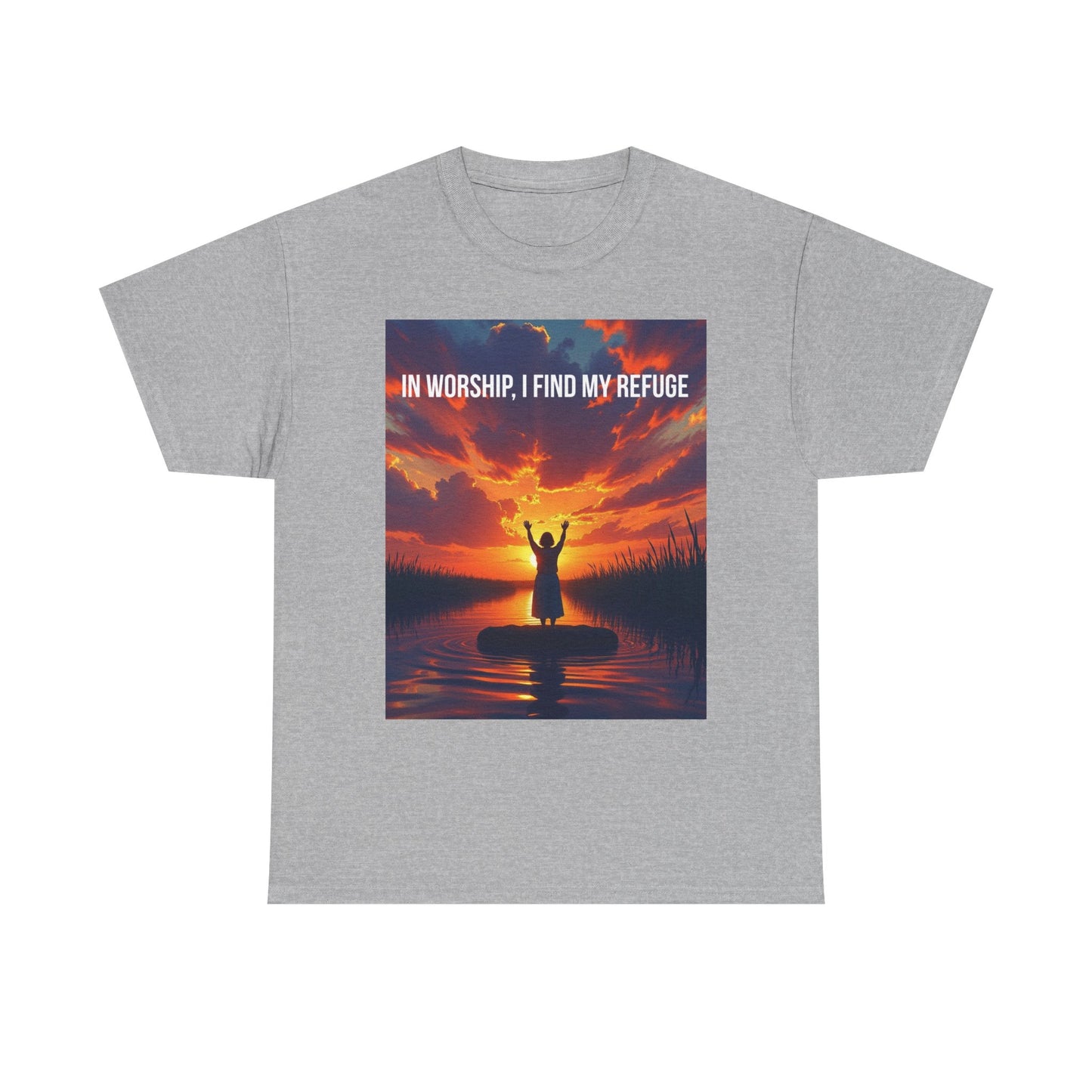 Worship Refuge T-Shirt — "In Worship, I Find My Refuge" Sunset Silhouette Christian Tee