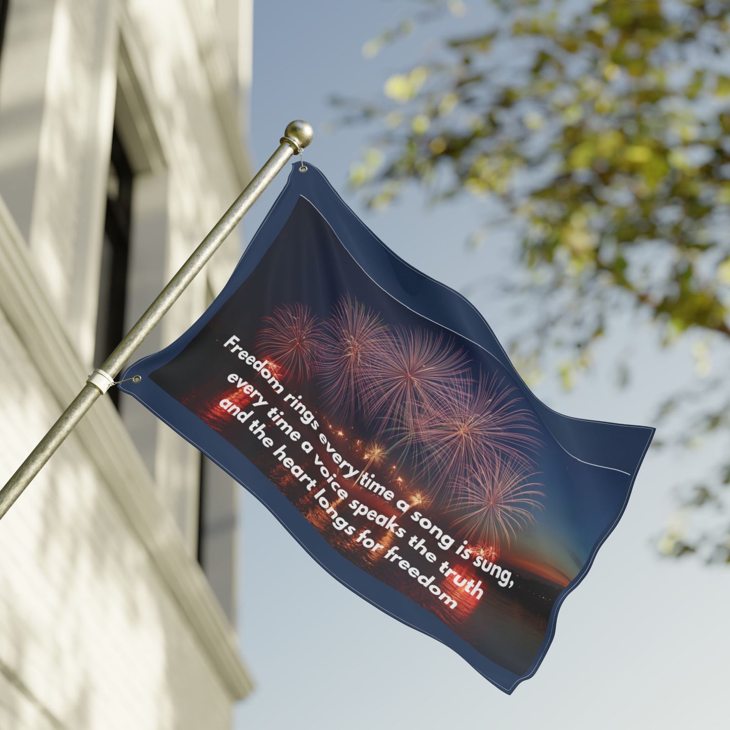 Freedom Fireworks Flag — Double-Sided Patriotic Yard Banner with Inspirational Quote
