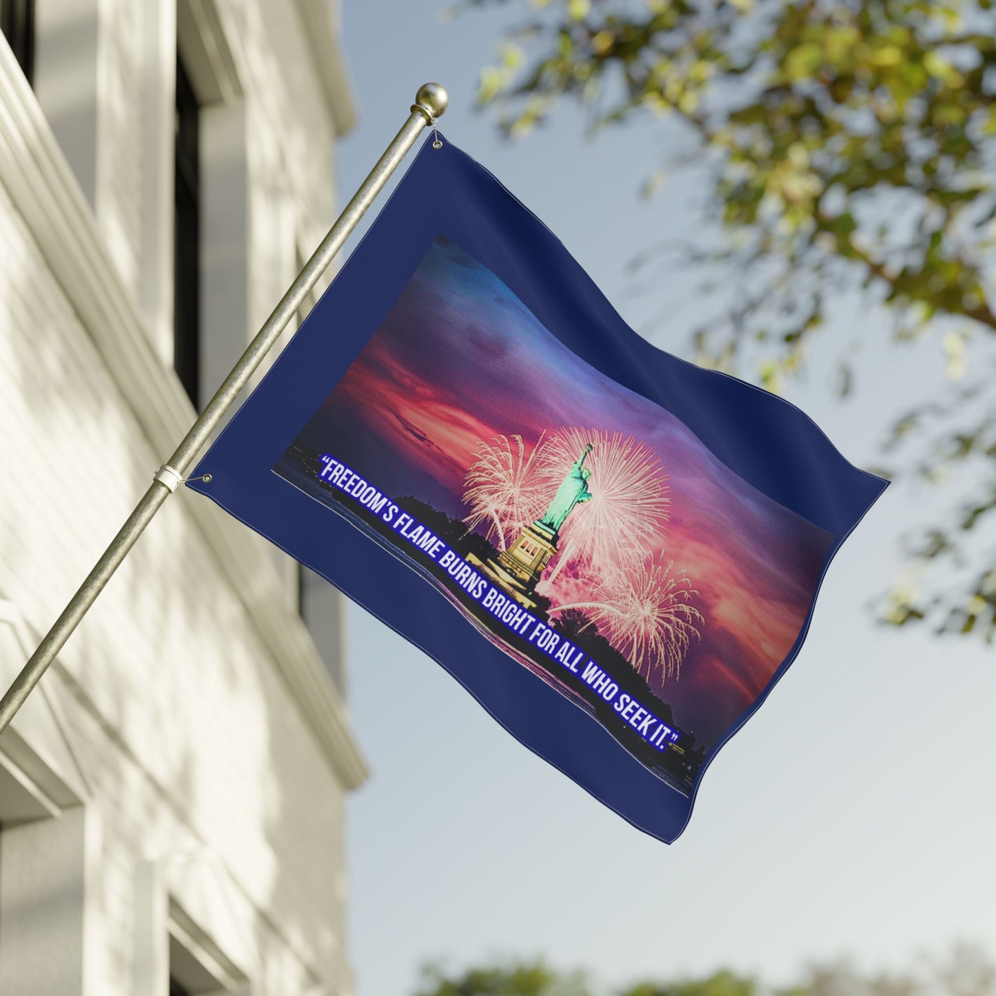 Double-Sided Flag - Statue of Liberty Fireworks Design with Quote "Freedom's Flame Burns Bright For All Who Seek It" — Patriotic [...]