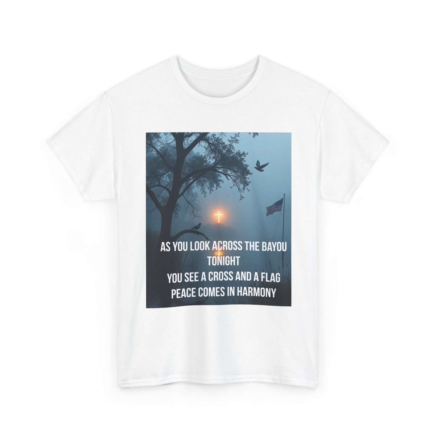 T‑Shirt — Bayou Cross & Flag Scene with Lyrics: “As You Look Across the Bayou Tonight”