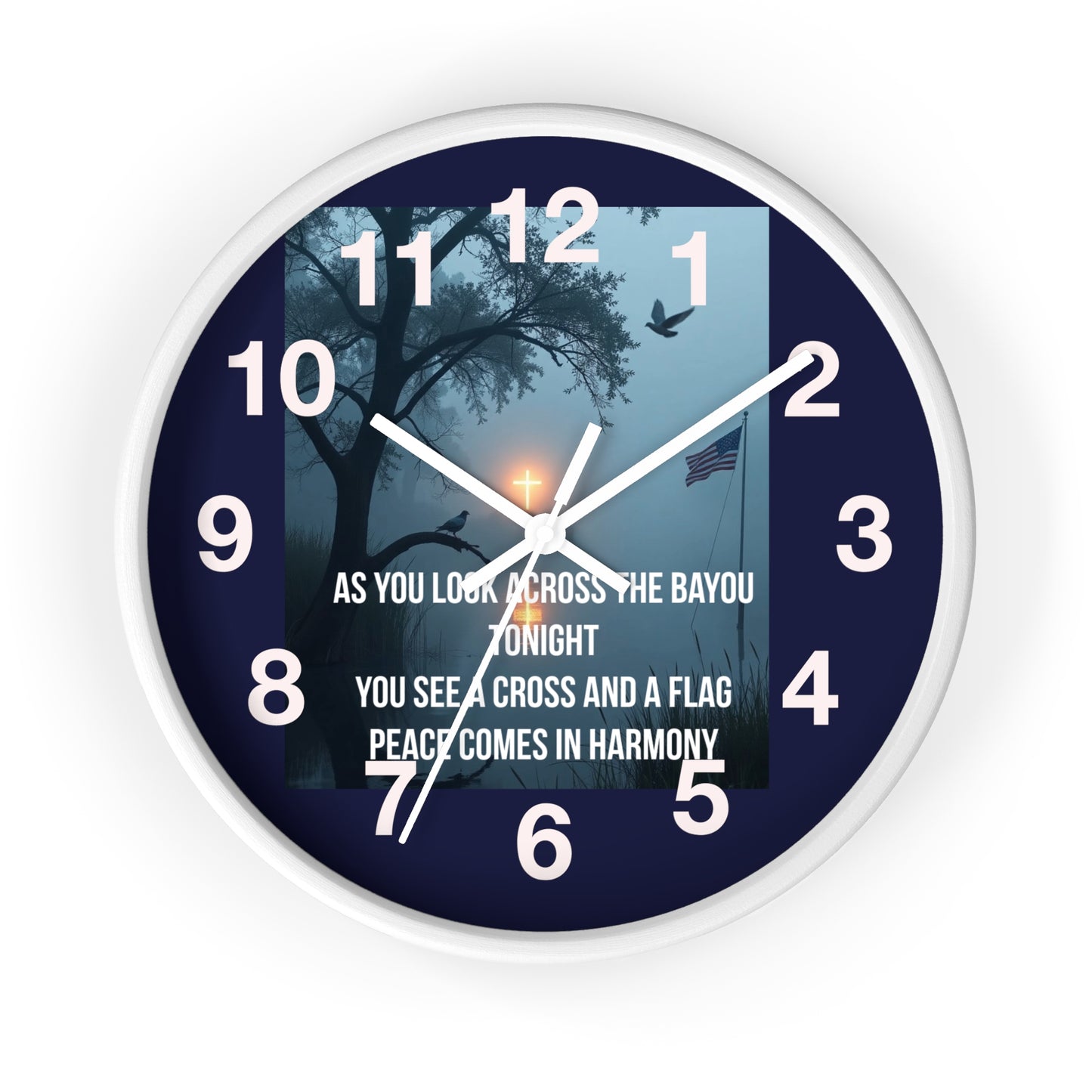 Bayou Cross & Flag Wall Clock — Patriotic Peaceful Sunset Decor