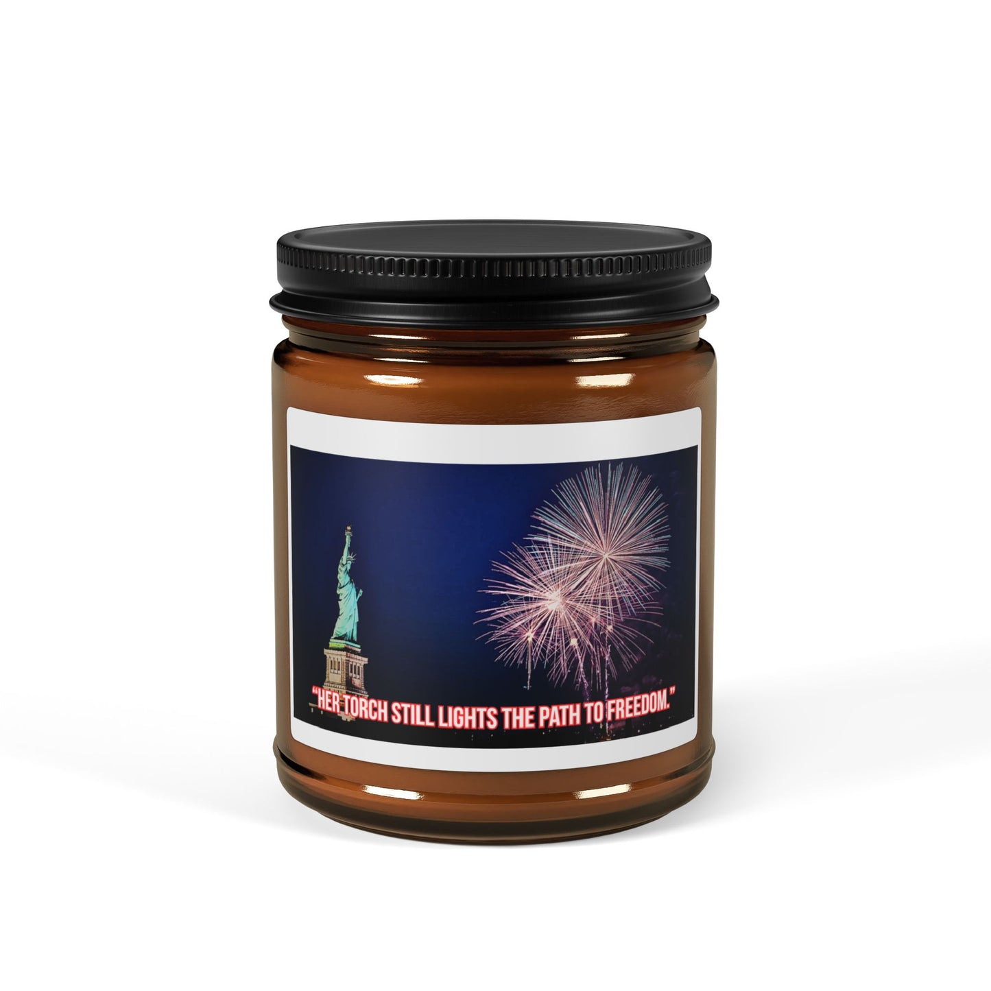 Liberty Night Soy Candle — Amber Jar, Statue of Liberty & Fireworks Design