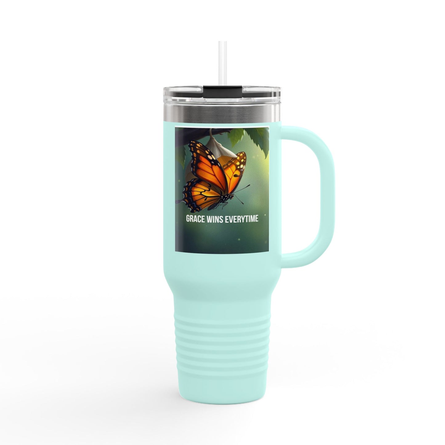 40oz Insulated Travel Mug — 'Grace Wins Everytime' Butterfly Design