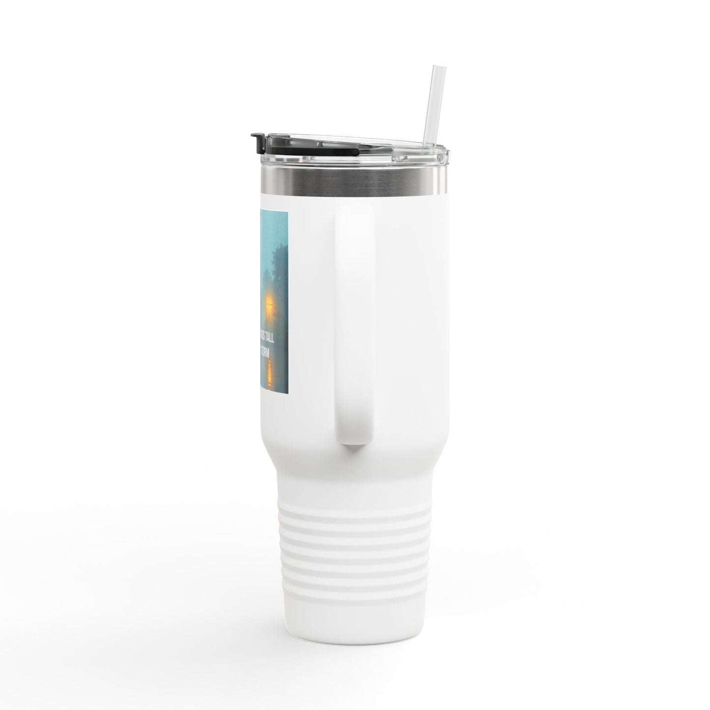 40oz Insulated Travel Mug — "The Cross Stands Tall Over Every Storm" Scenic Faith Design
