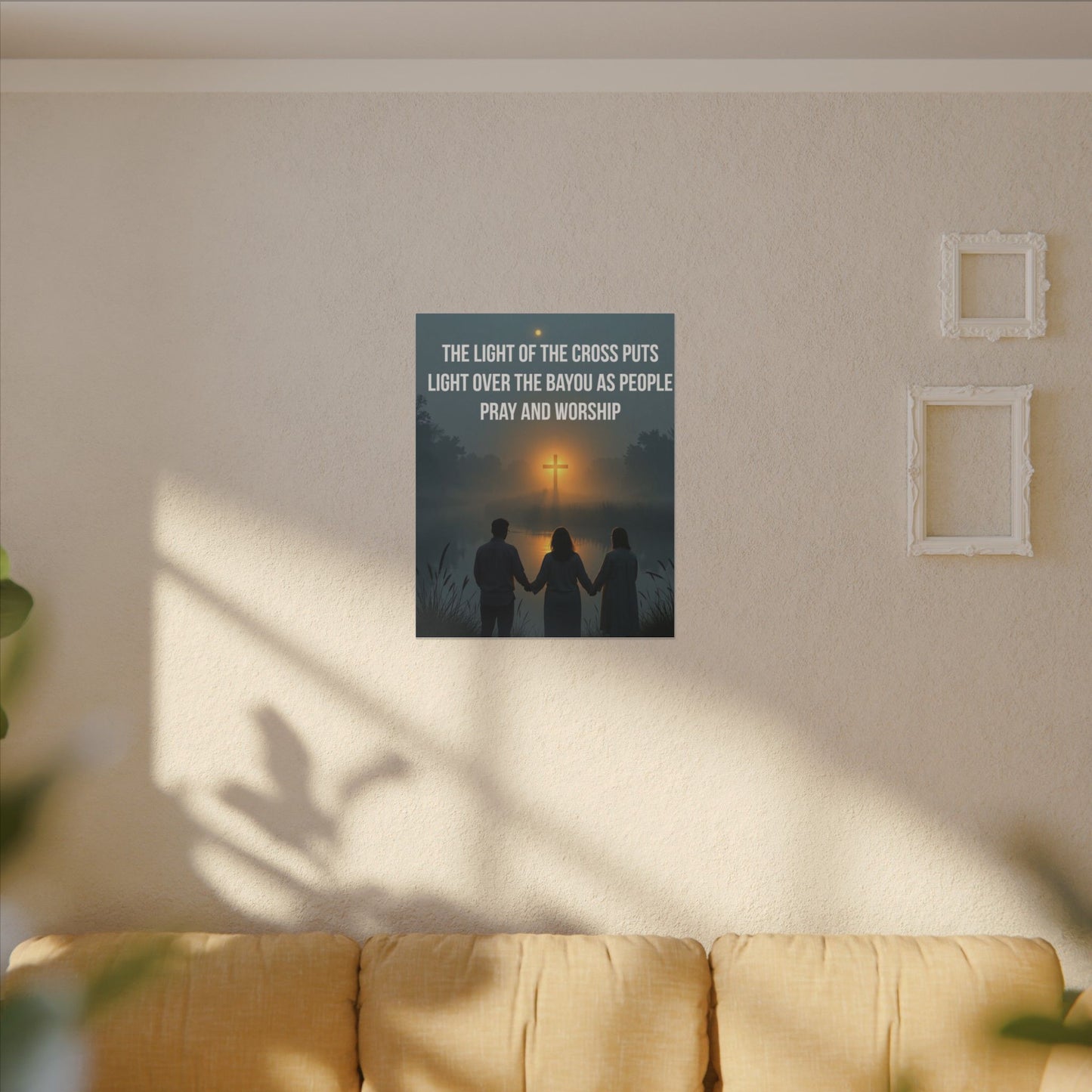 Faith Wall Art Canvas — “The Light of the Cross Puts Light Over the Bayou as People Pray and Worship”