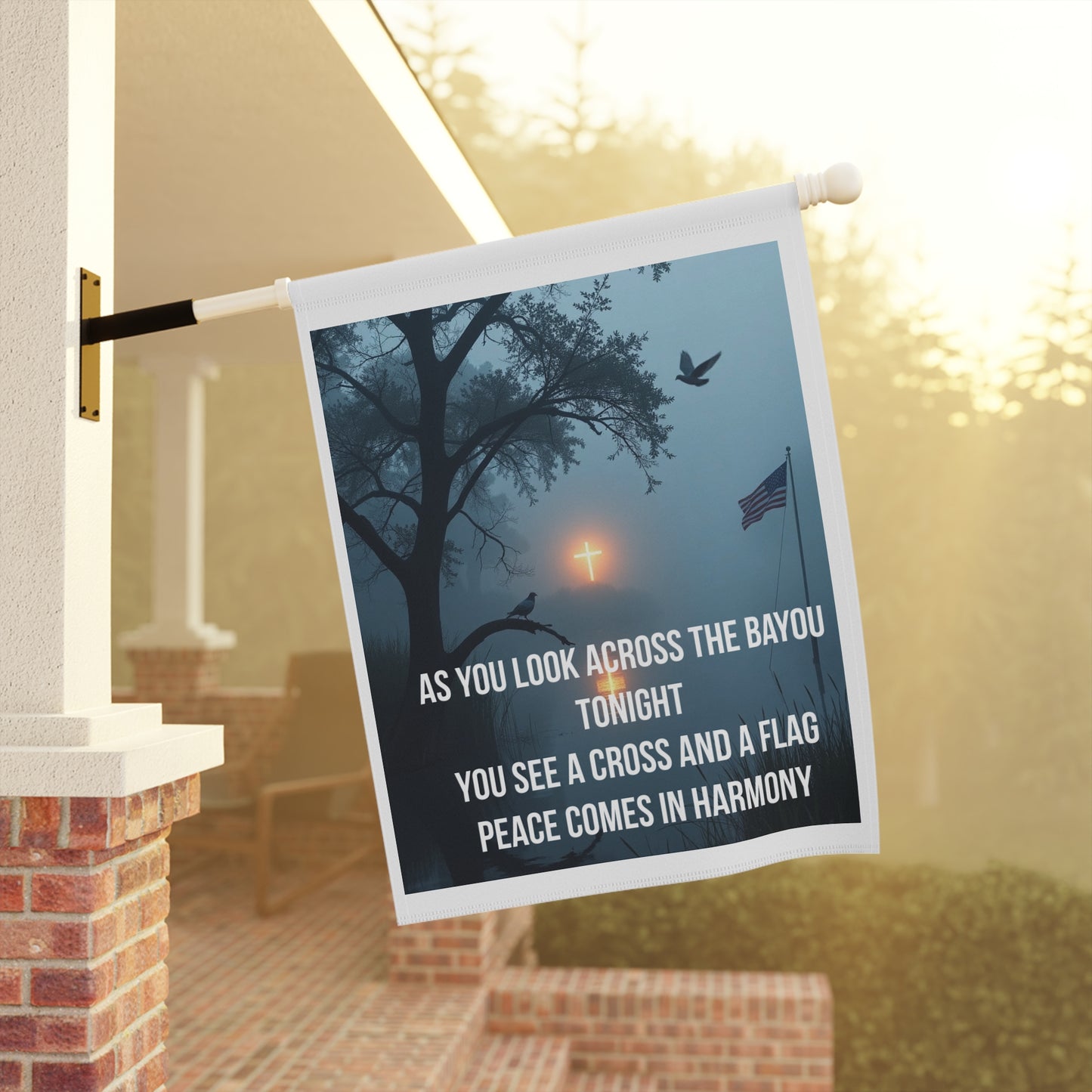 Garden Flag — "As You Look Across the Bayou Tonight" Cross & Flag Memorial Design