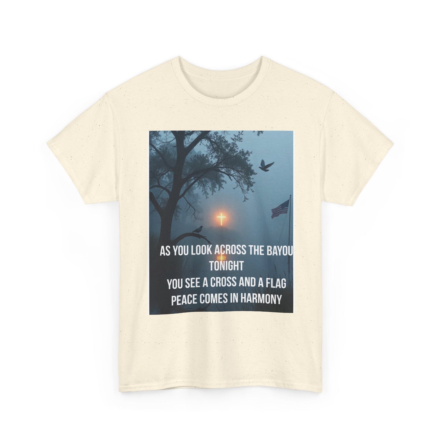 T-Shirt — Bayou Sunset Cross & Flag Graphic Tee ("As You Look Across the Bayou Tonight")