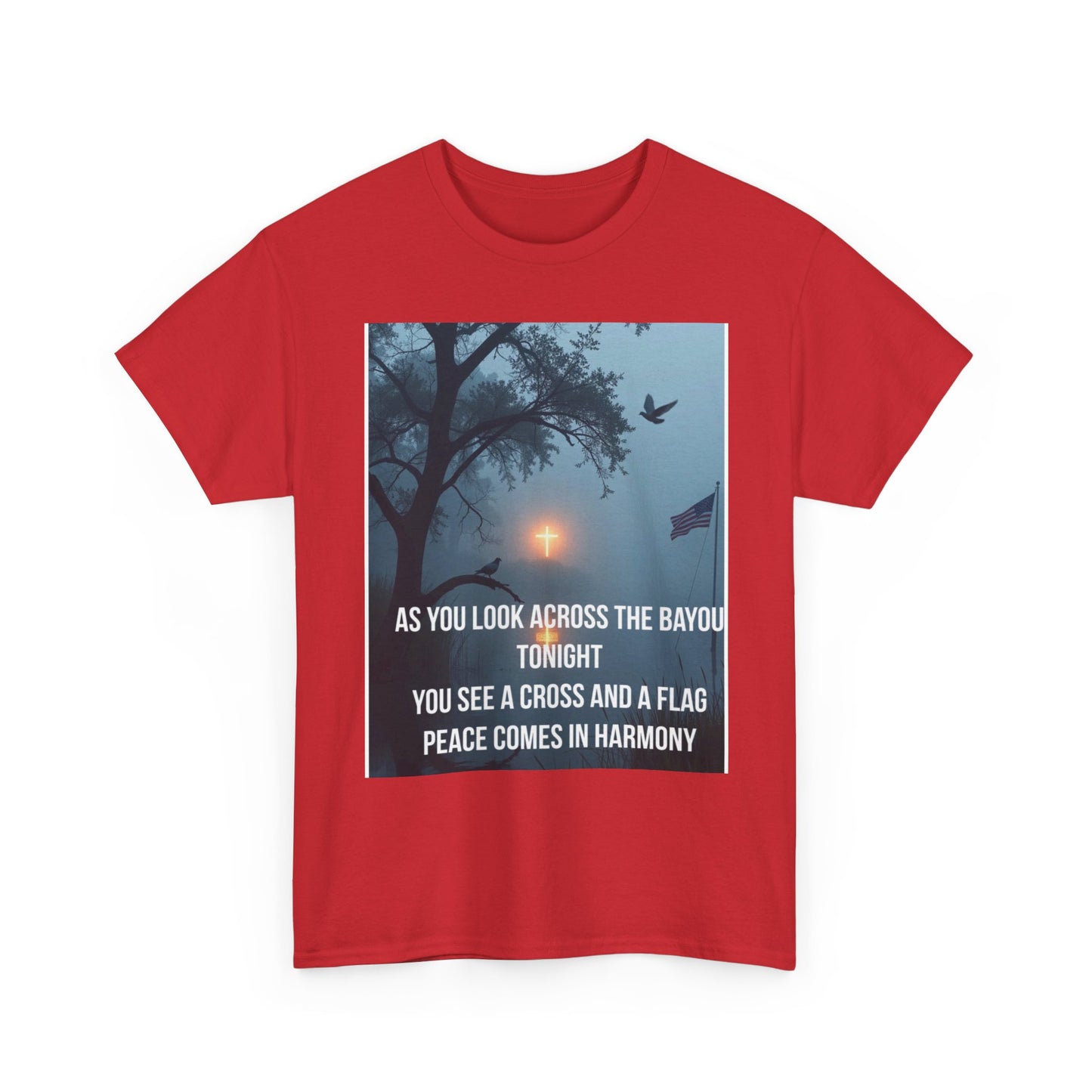 T-Shirt — Bayou Sunset Cross & Flag Graphic Tee ("As You Look Across the Bayou Tonight")