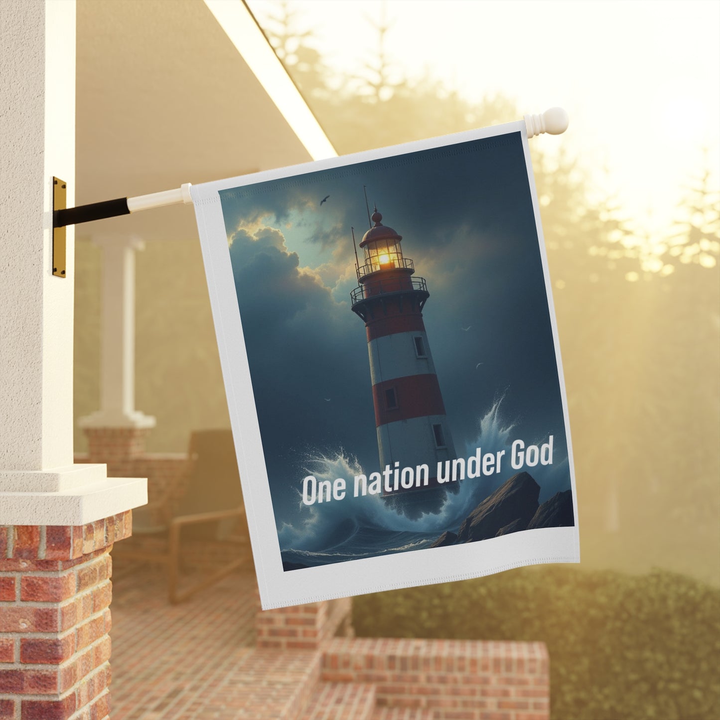 Lighthouse Garden Flag — "One Nation Under God" Patriotic Outdoor Banner