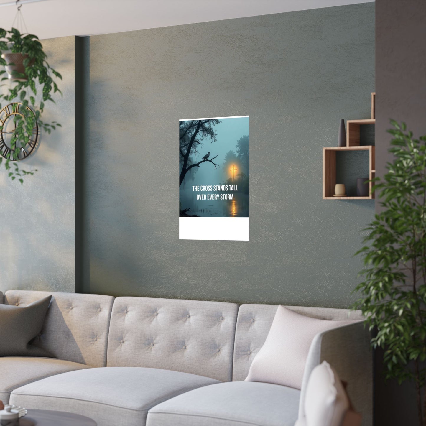 Satin Poster — "The Cross Stands Tall Over Every Storm" Inspirational Christian Wall Art