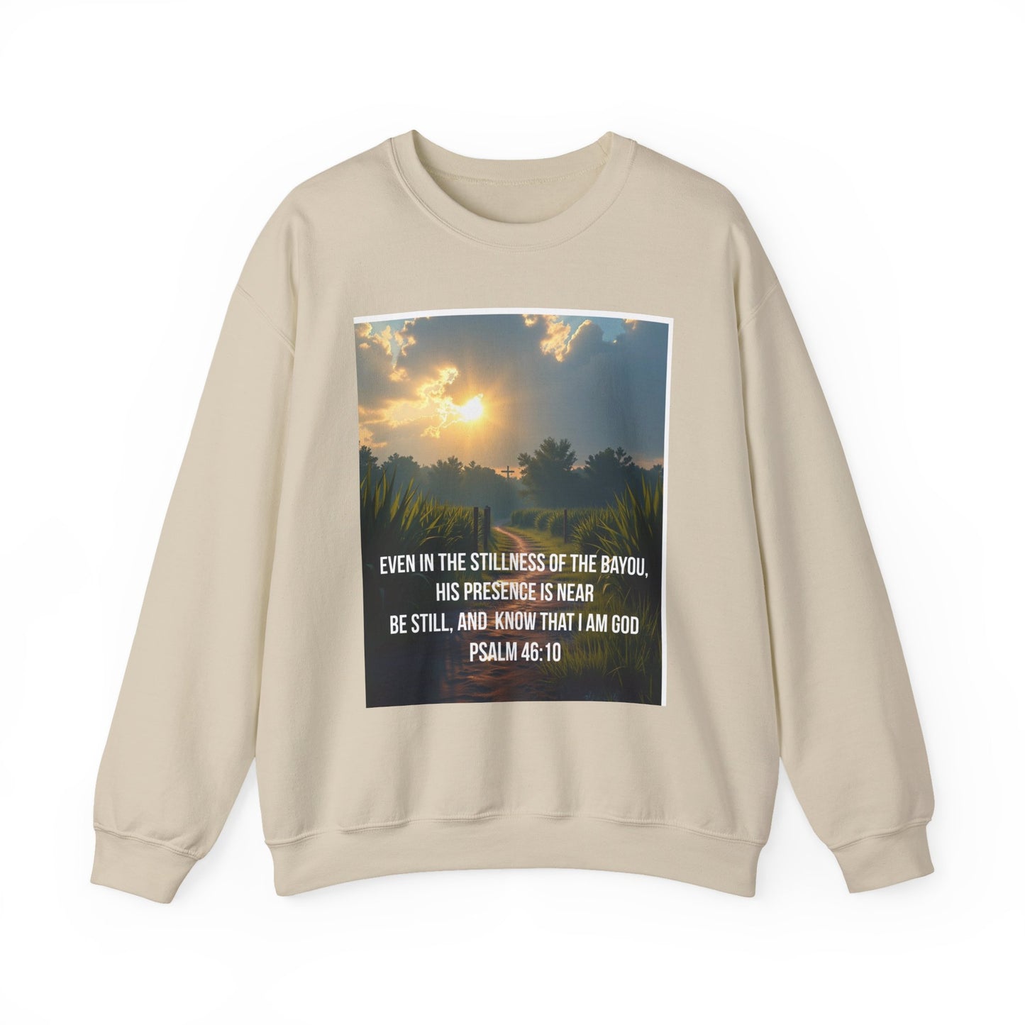 Psalm 46:10 Bayou Sunset Crewneck Sweatshirt — "Be Still and Know" Christian Sweatshirt