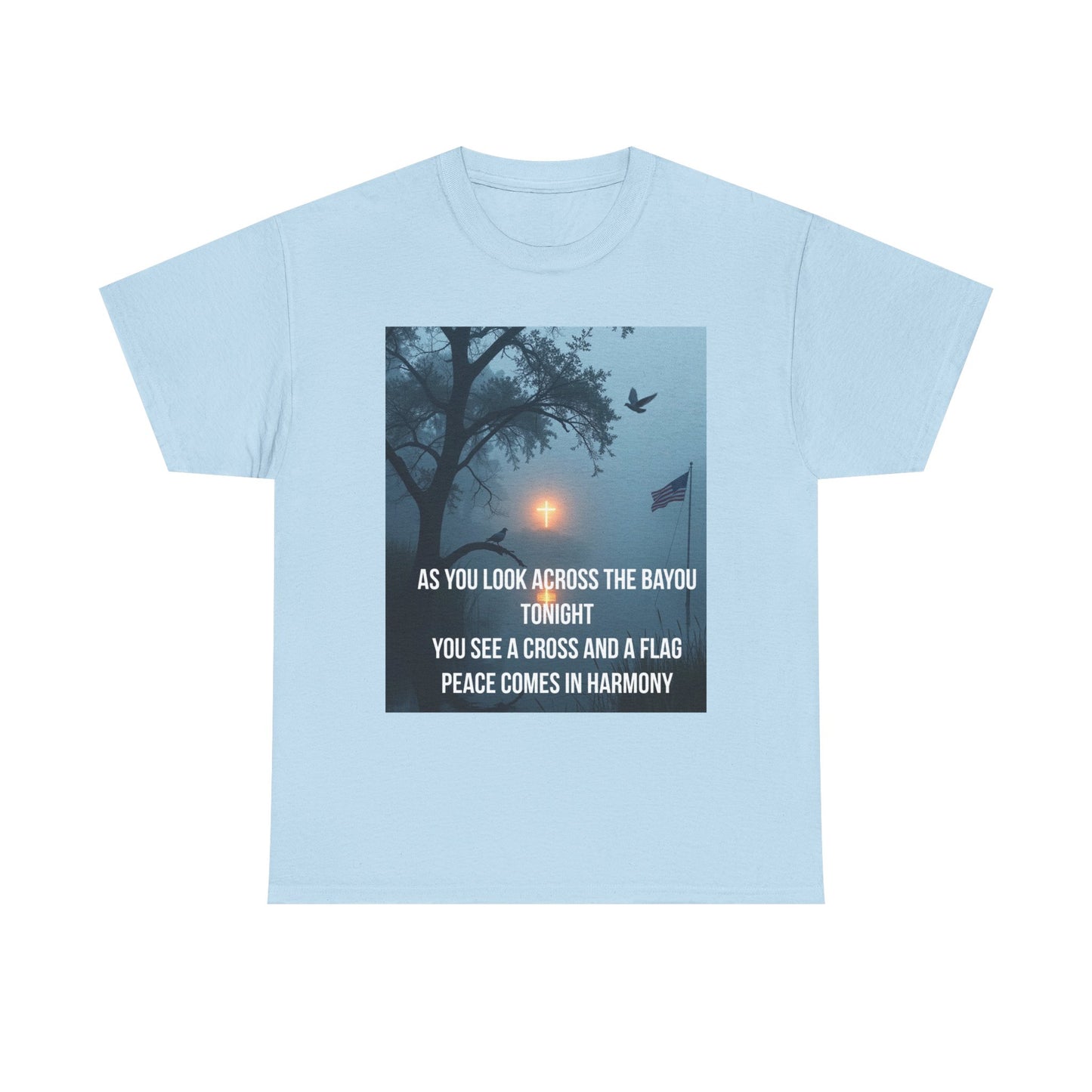 T‑Shirt — Bayou Cross & Flag Scene with Lyrics: “As You Look Across the Bayou Tonight”