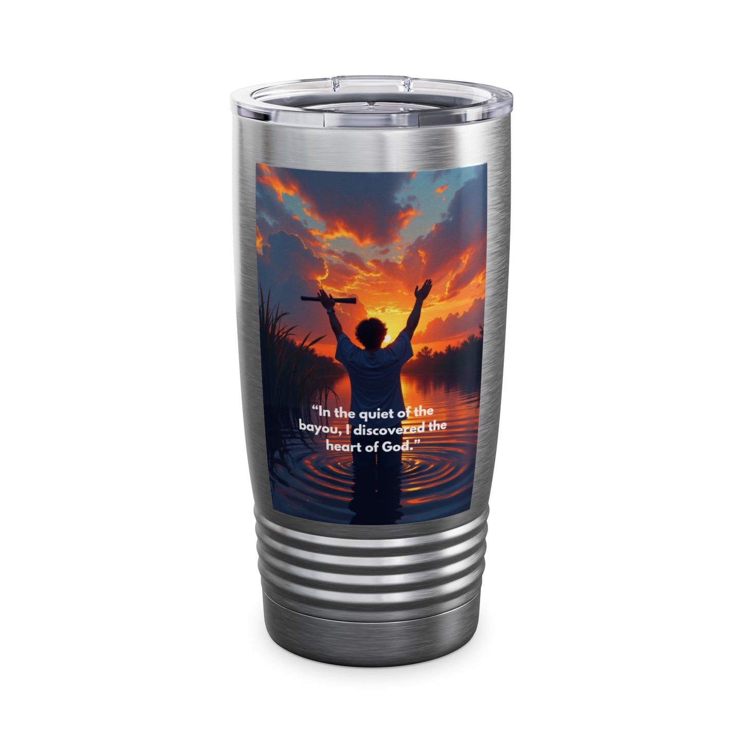 Inspirational Bayou Sunset Tumbler — 20oz Ringneck with 'In the quiet of the bayou, I discovered the heart of God'
