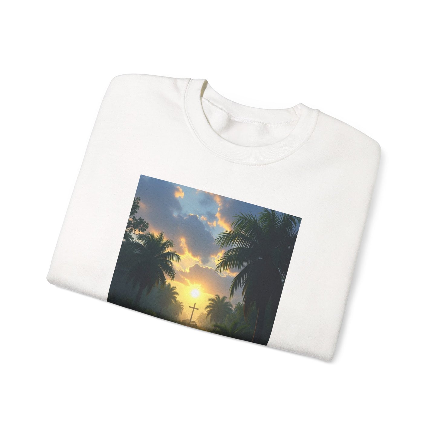 Sunset Palm Cross Sweatshirt — 'In the stillness of the night, The Bayou you whisper Grace'
