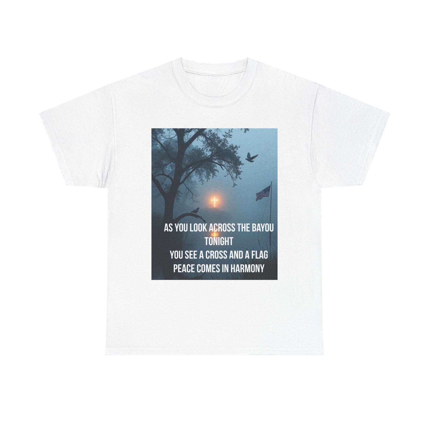 T‑Shirt — Bayou Cross & Flag Scene with Lyrics: “As You Look Across the Bayou Tonight”