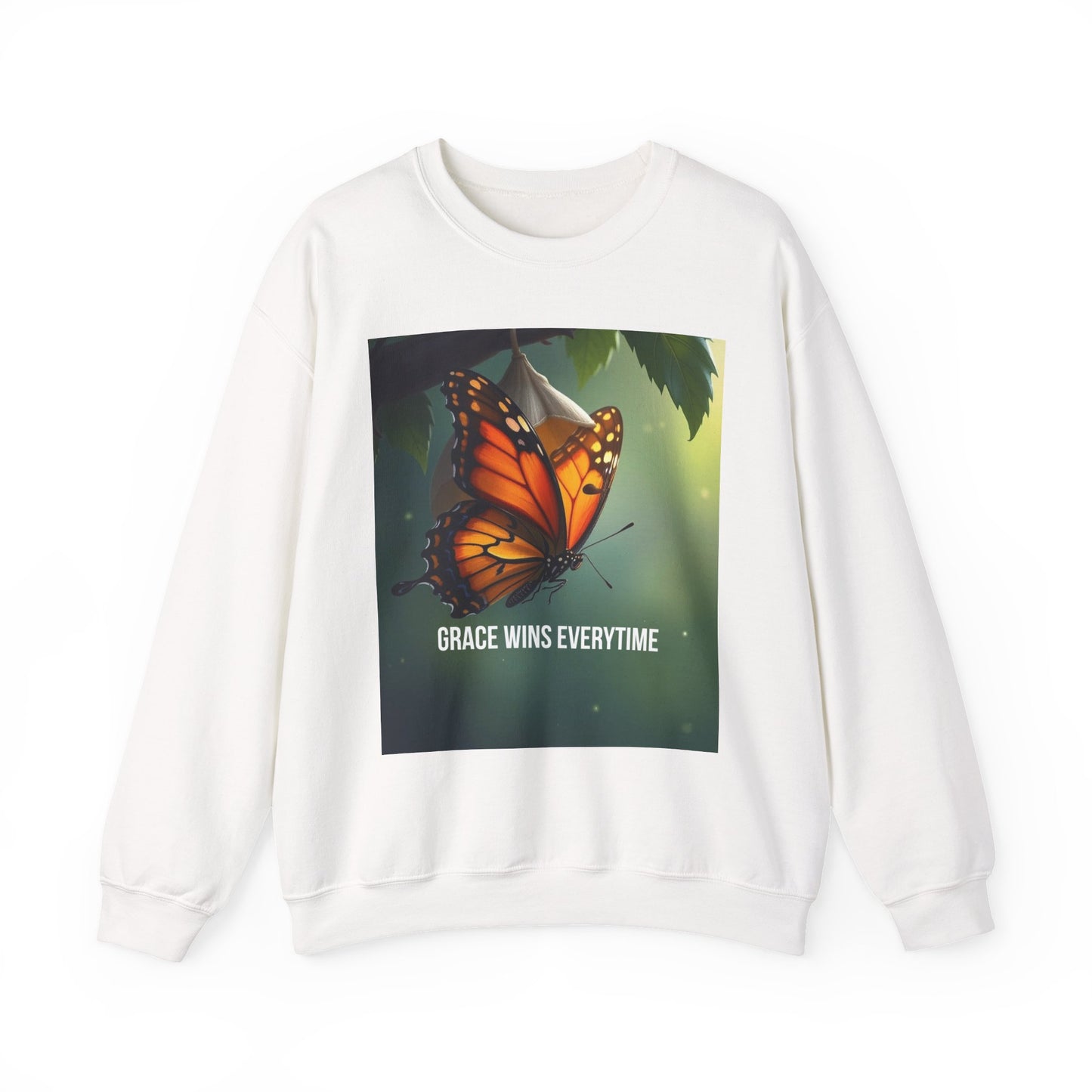 Crewneck Sweatshirt — Grace Wins Everytime Monarch Butterfly Inspirational Tee