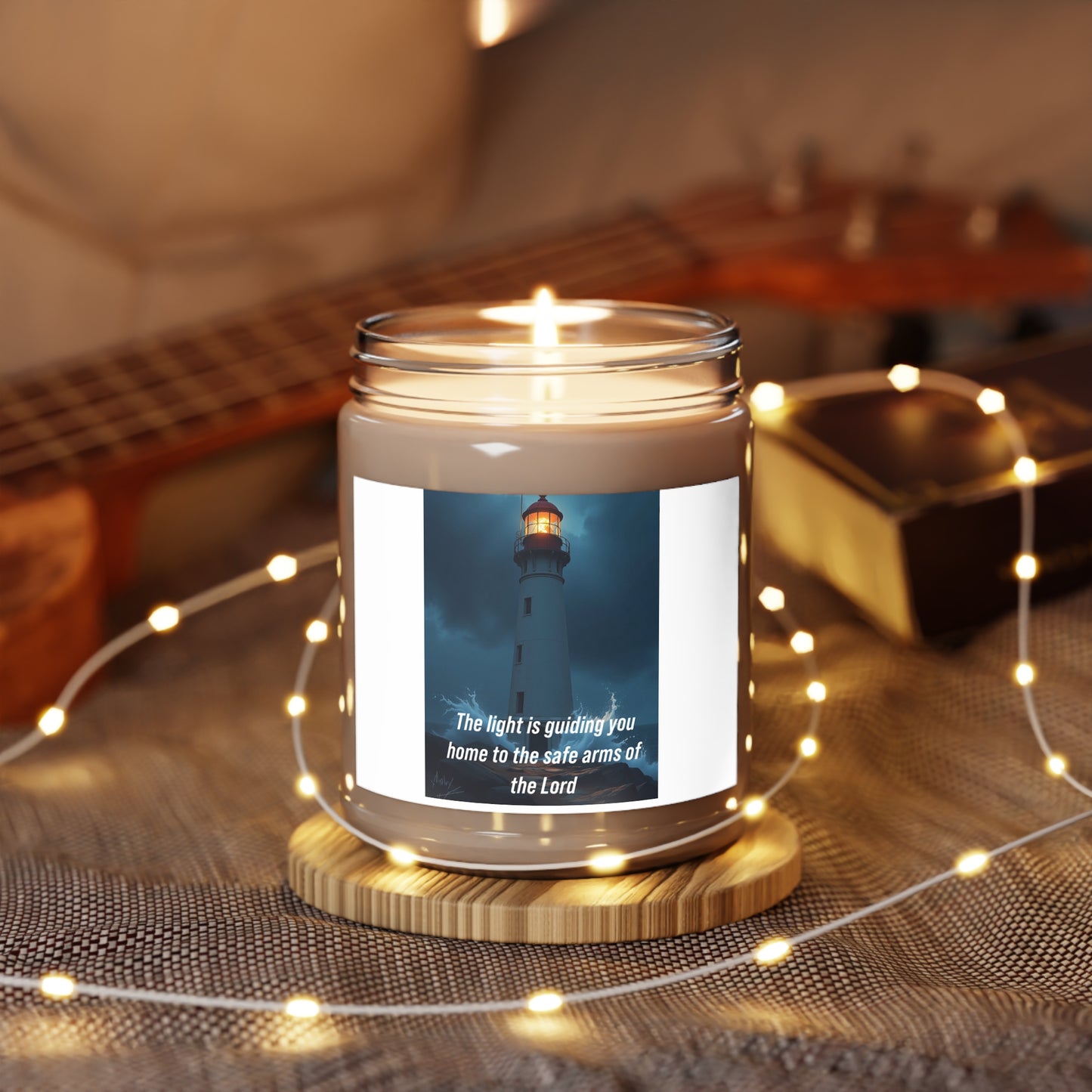Inspirational Lighthouse Soy Candle - "The light is guiding you home to the safe arms of the Lord" (9oz)