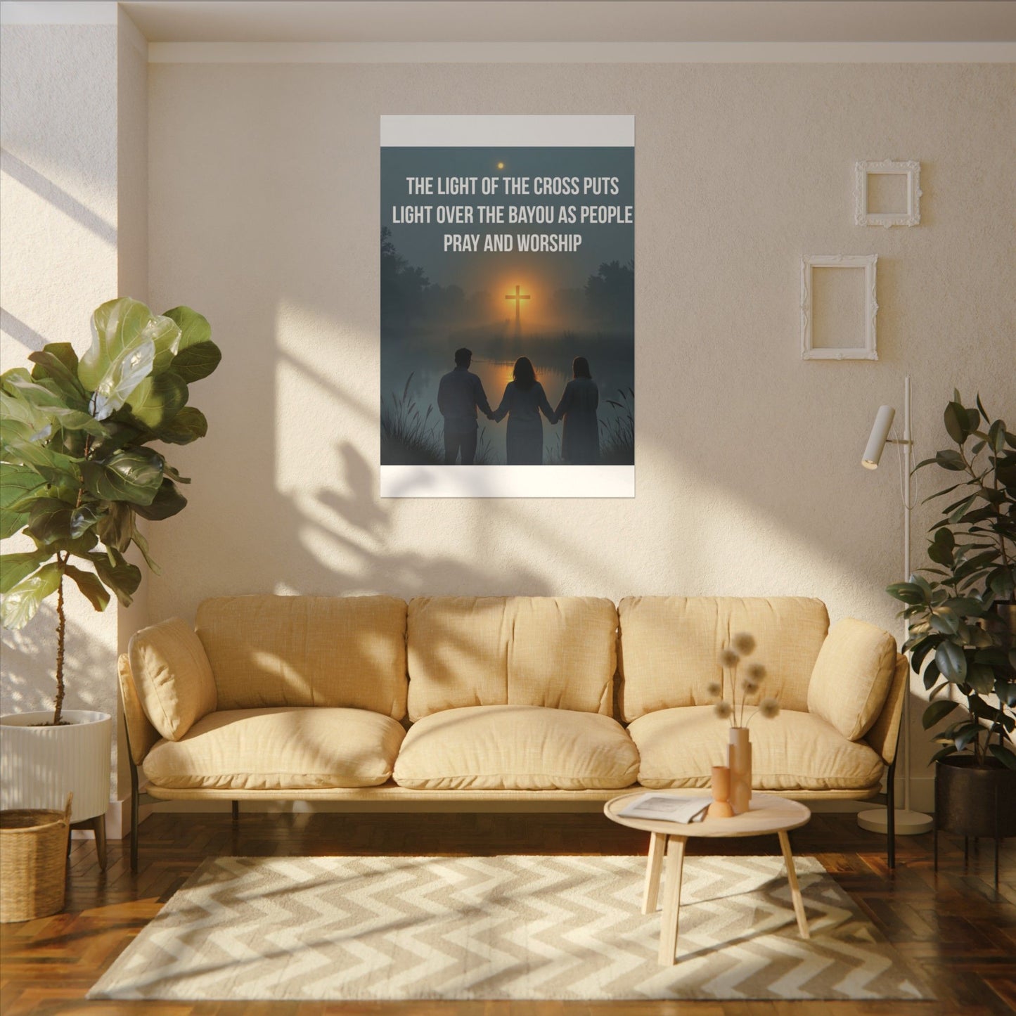 Faith Wall Art Canvas — “The Light of the Cross Puts Light Over the Bayou as People Pray and Worship”