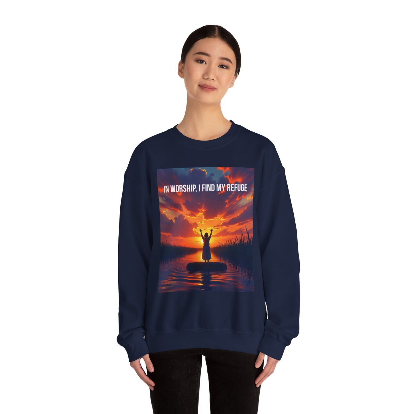 Worship Refuge Crewneck Sweatshirt — "In Worship, I Find My Refuge" Inspirational Faith Sweatshirt