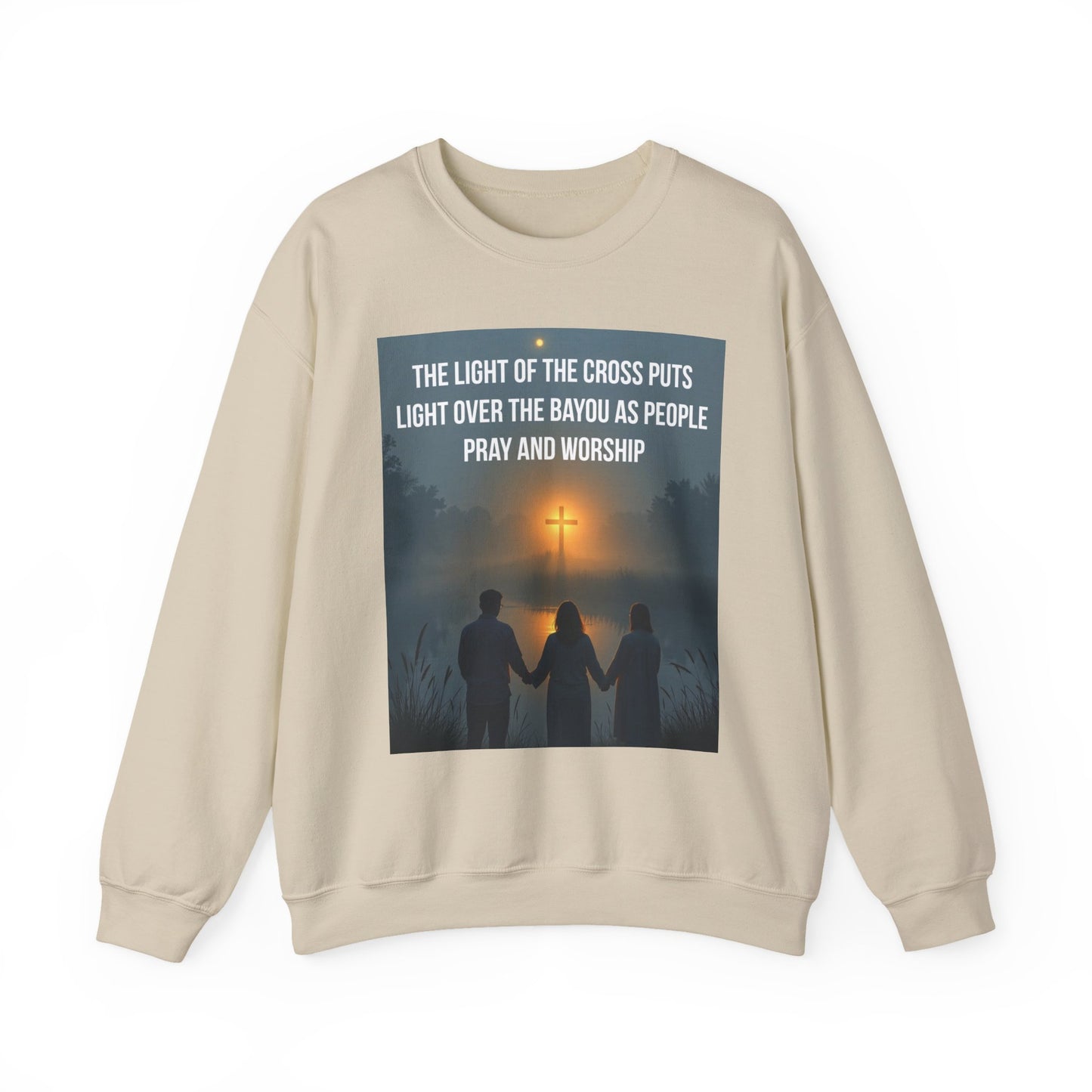 Christian Crewneck Sweatshirt — "The Light of the Cross Puts Light Over the Bayou" Graphic