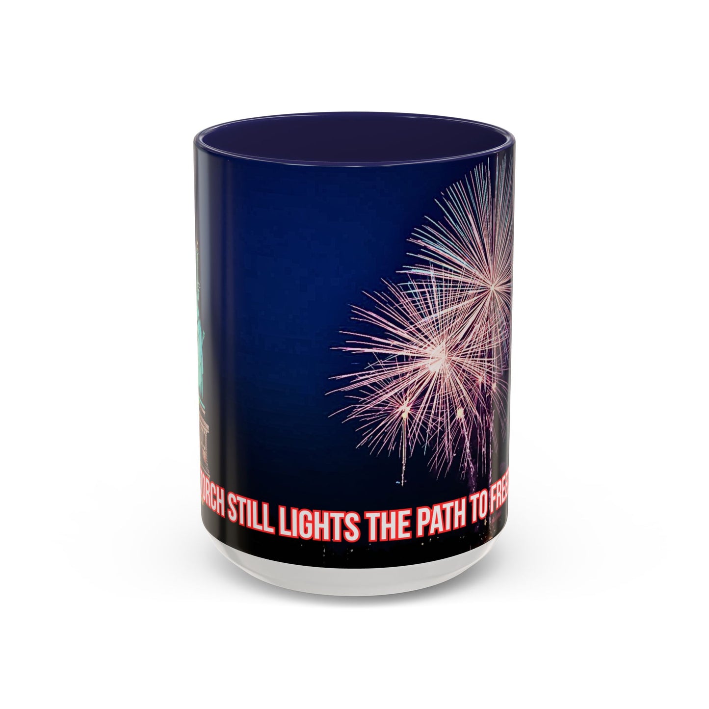 Fireworks Accent Coffee Mug — Inspirational "Lights the Path to Freedom" Design