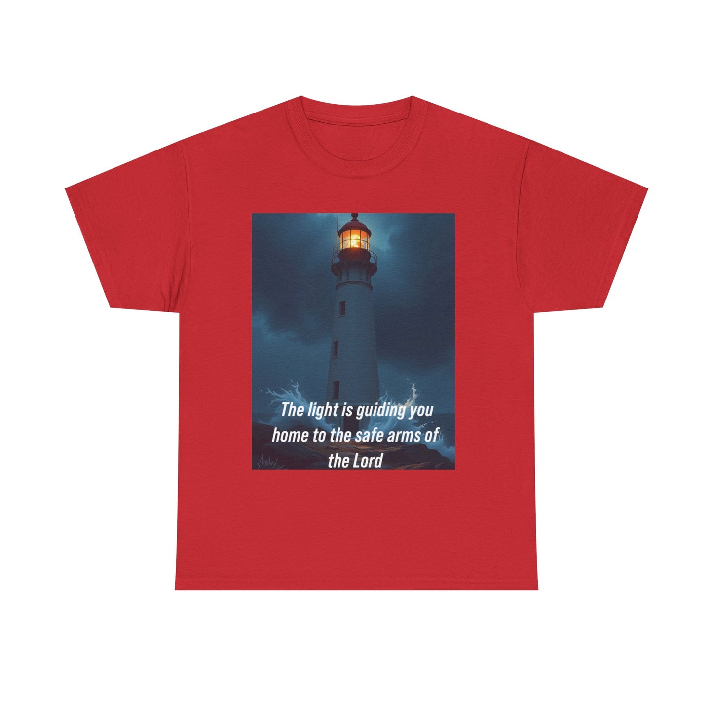 Christian Lighthouse T-Shirt — "The light is guiding you home to the safe arms of the Lord"