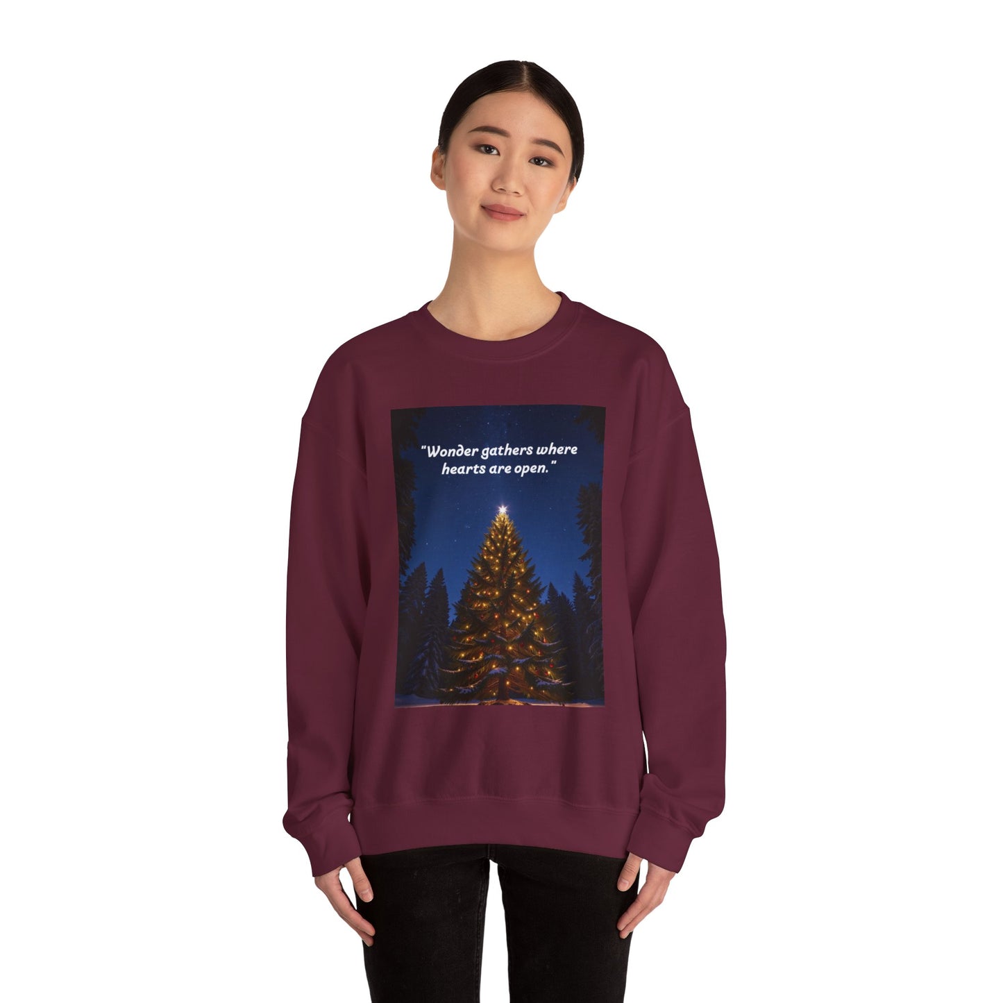 Cozy Holiday Crewneck Sweatshirt - "Wonder Gathers Where Hearts Are Open" - Perfect for Christmas, Gifts, Winter Wear, Casual Style   20