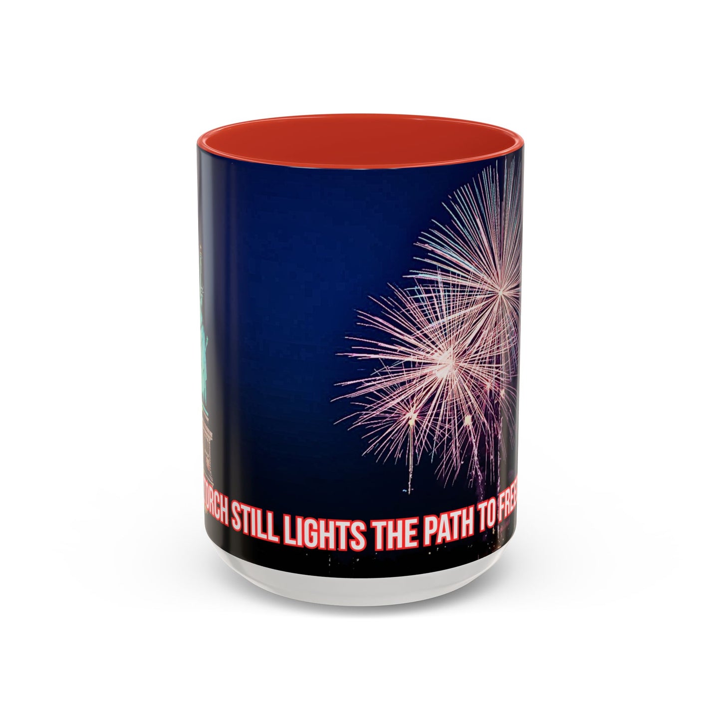 Fireworks Accent Coffee Mug — Inspirational "Lights the Path to Freedom" Design