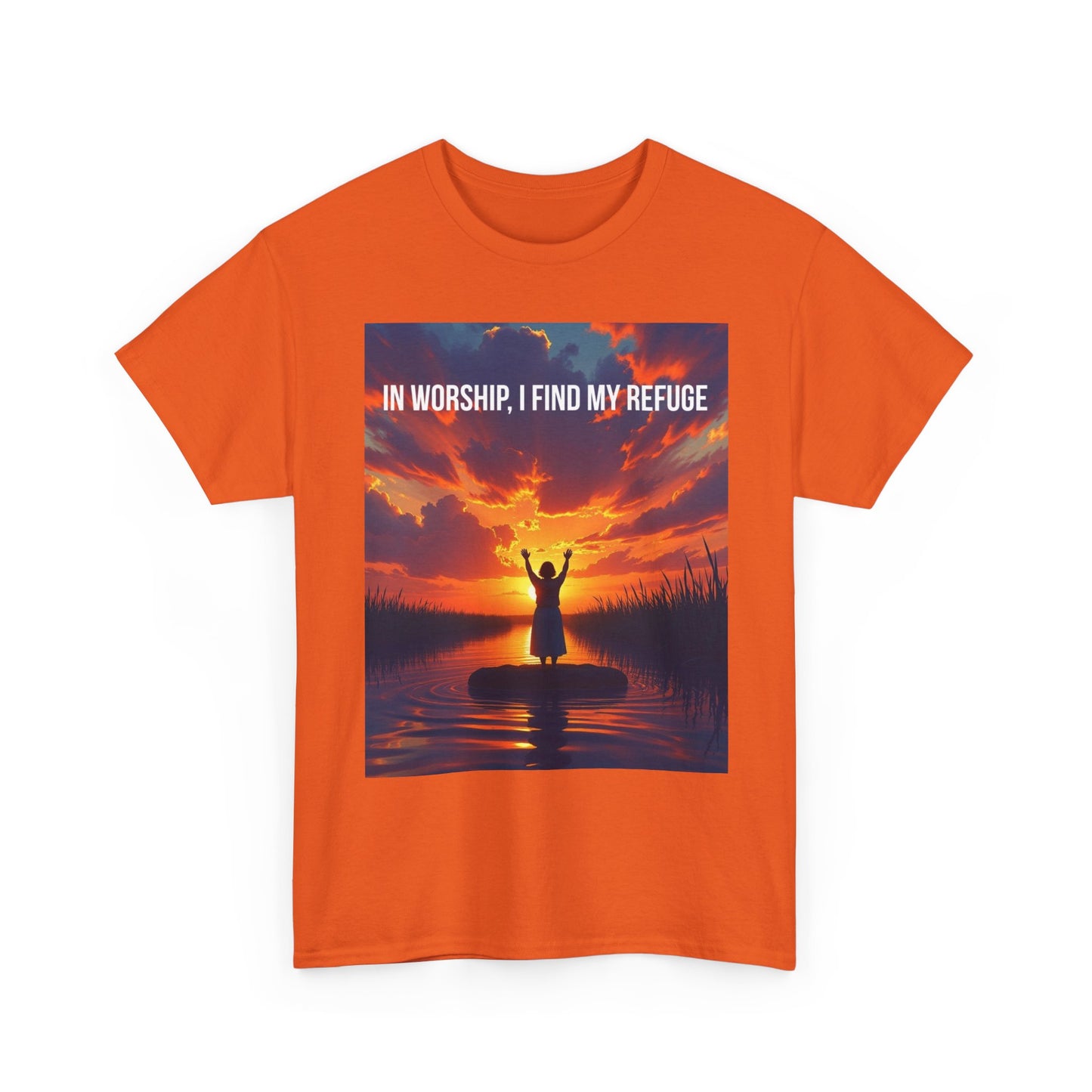 Worship Refuge T-Shirt — "In Worship, I Find My Refuge" Sunset Silhouette Christian Tee