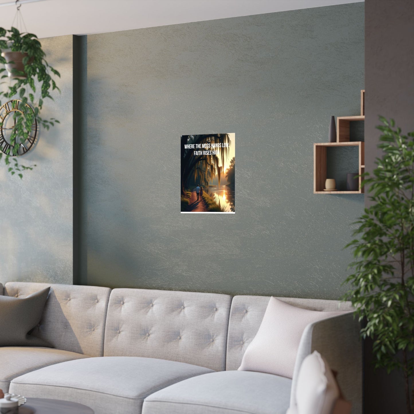 Satin Poster – "Where the Moss Hangs Low, Faith Rises High" Sunset River Walk