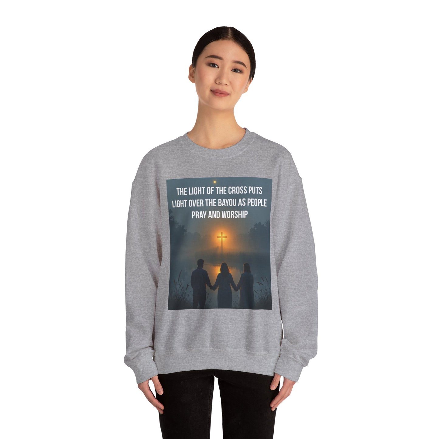 Christian Crewneck Sweatshirt — "The Light of the Cross Puts Light Over the Bayou" Graphic
