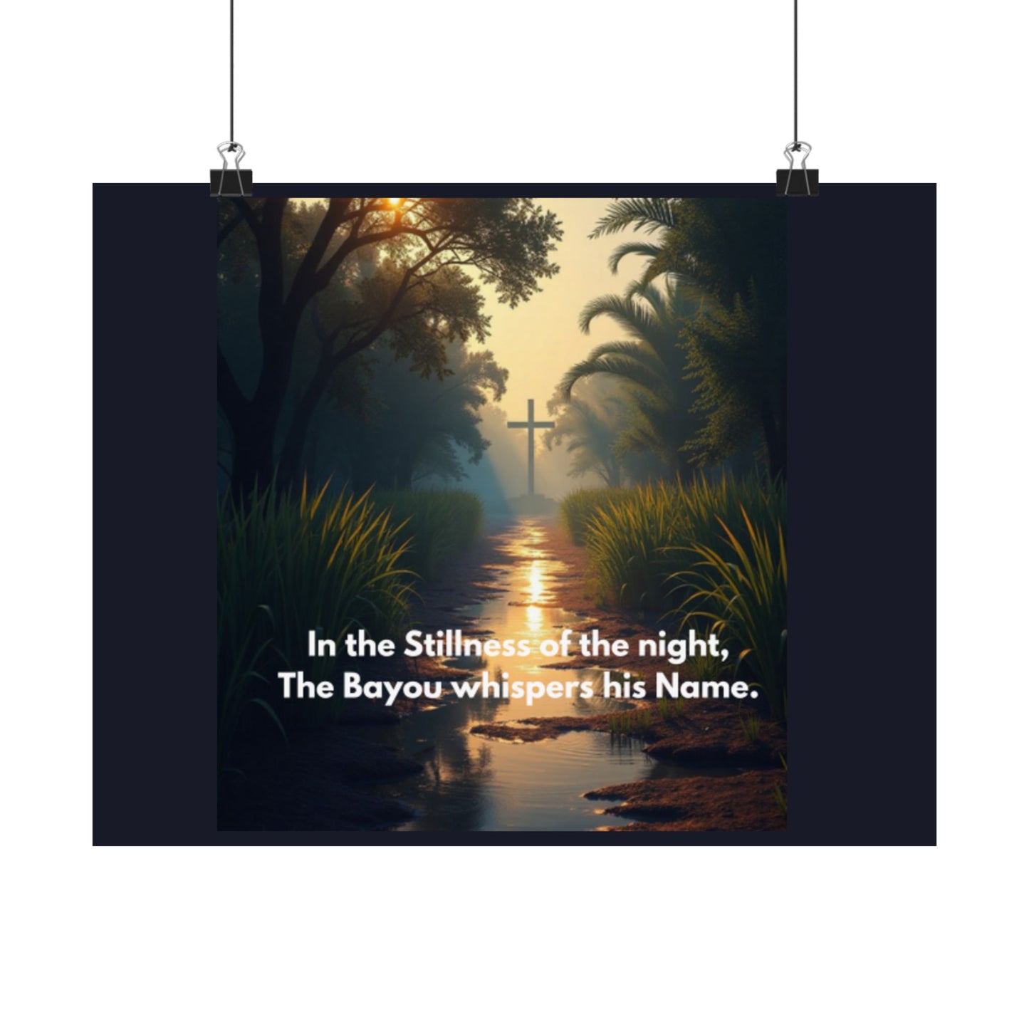 Bayou Cross Satin Poster — "In the Stillness of the Night, The Bayou Whispers His Name"