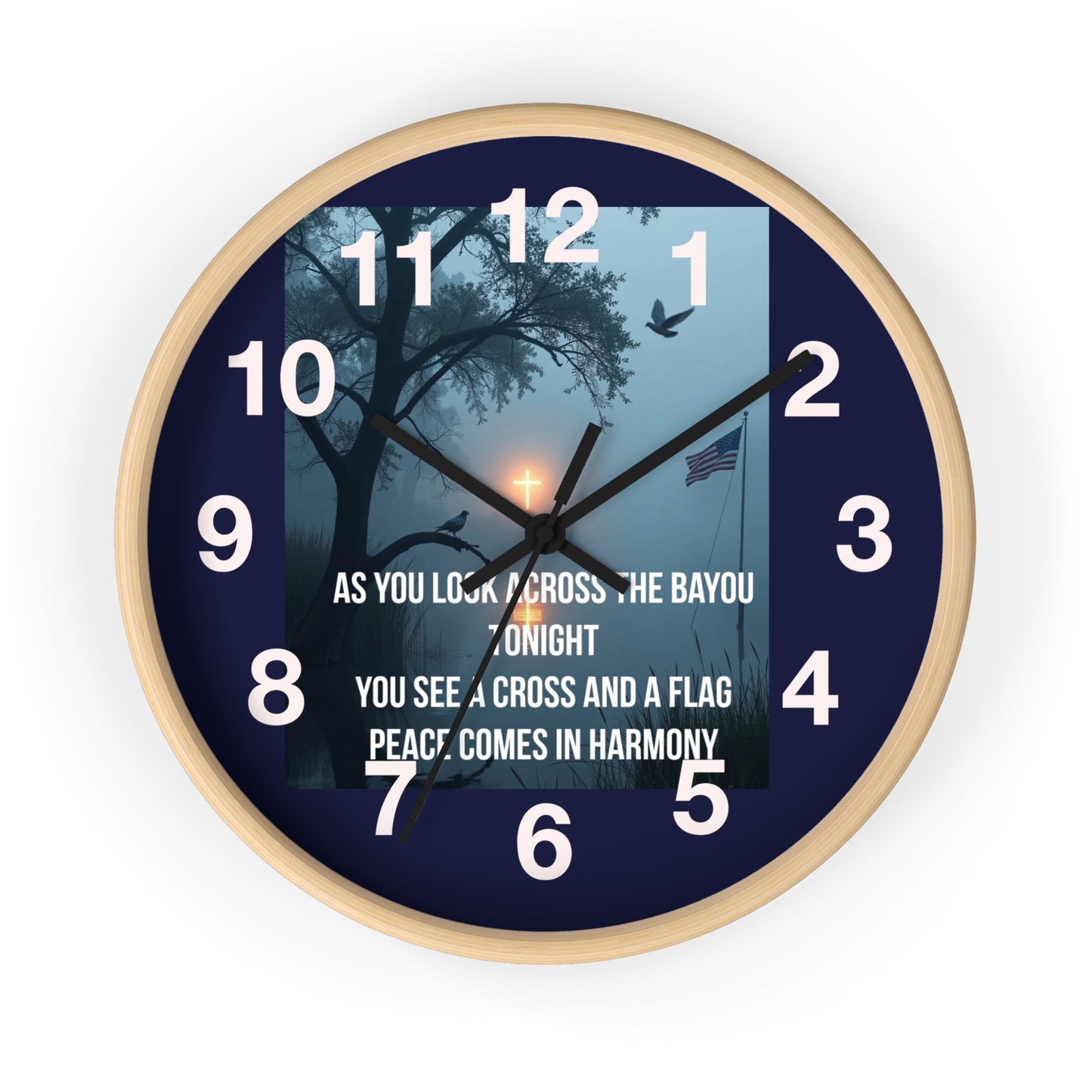 Bayou Cross & Flag Wall Clock — Patriotic Peaceful Sunset Decor