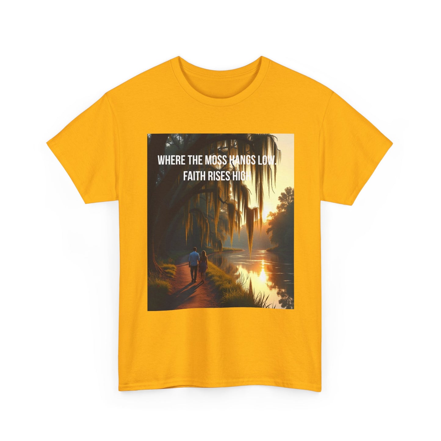 Faith Rising Tee — "Where the Moss Hangs Low, Faith Rises High" Sunset Bay Graphic T-Shirt
