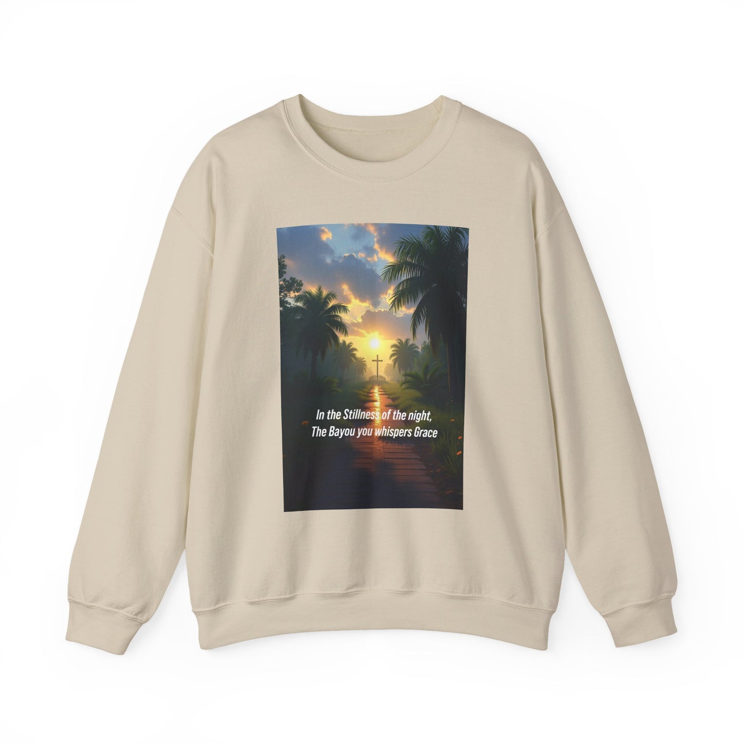Sunset Palm Cross Sweatshirt — 'In the stillness of the night, The Bayou you whisper Grace'