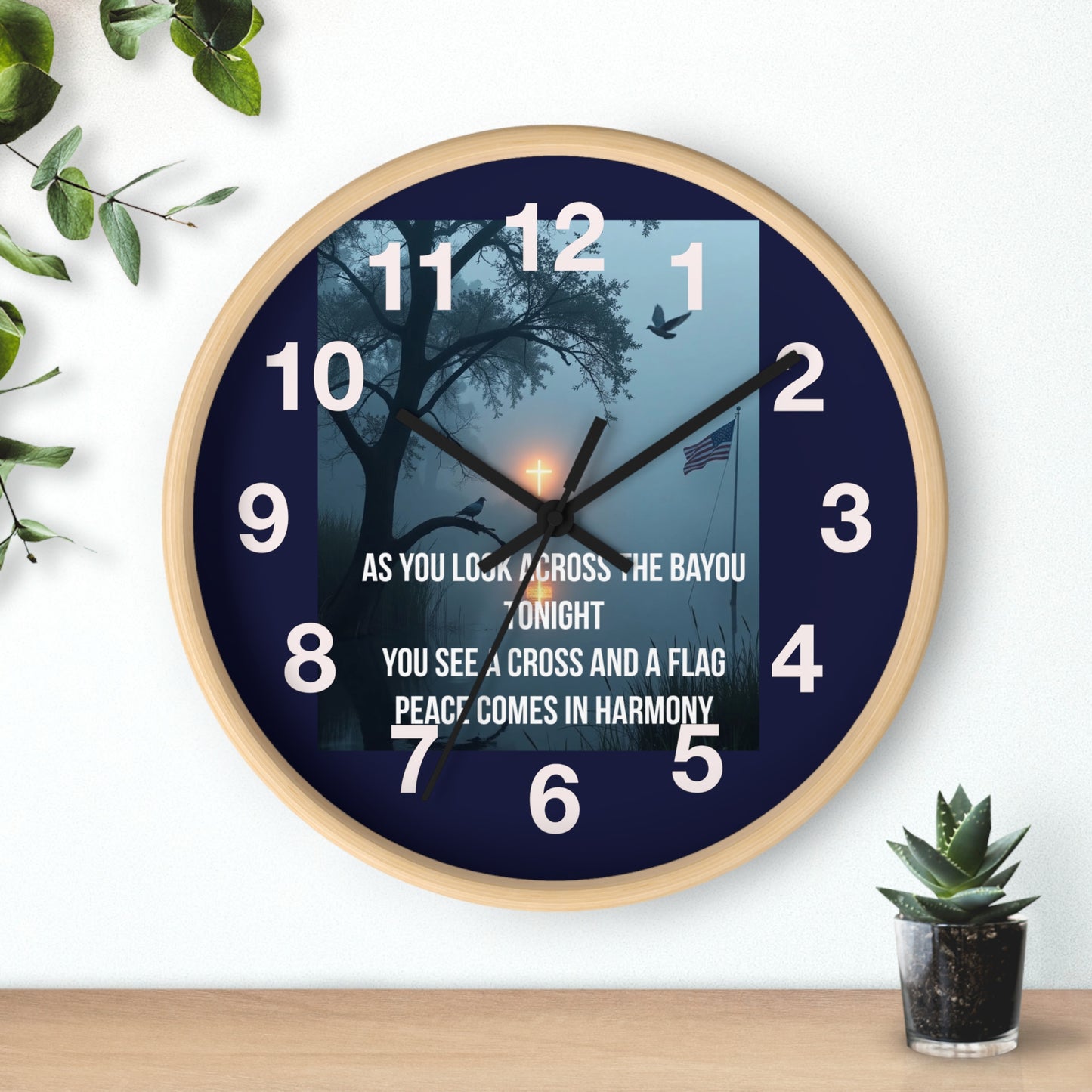 Bayou Cross & Flag Wall Clock — Patriotic Peaceful Sunset Decor
