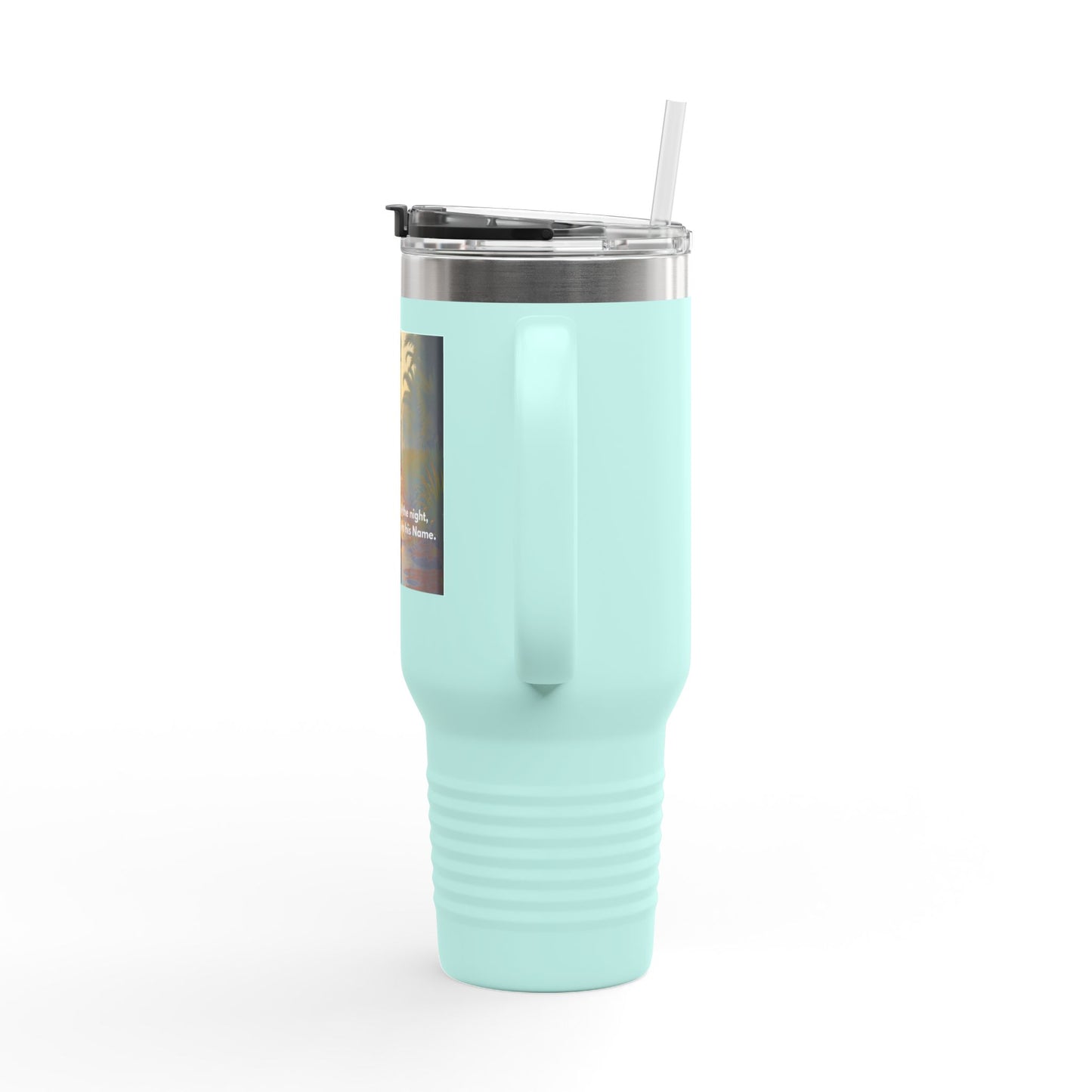 40oz Insulated Travel Mug — Tropical Sunset Scenic Design with Inspirational Quote