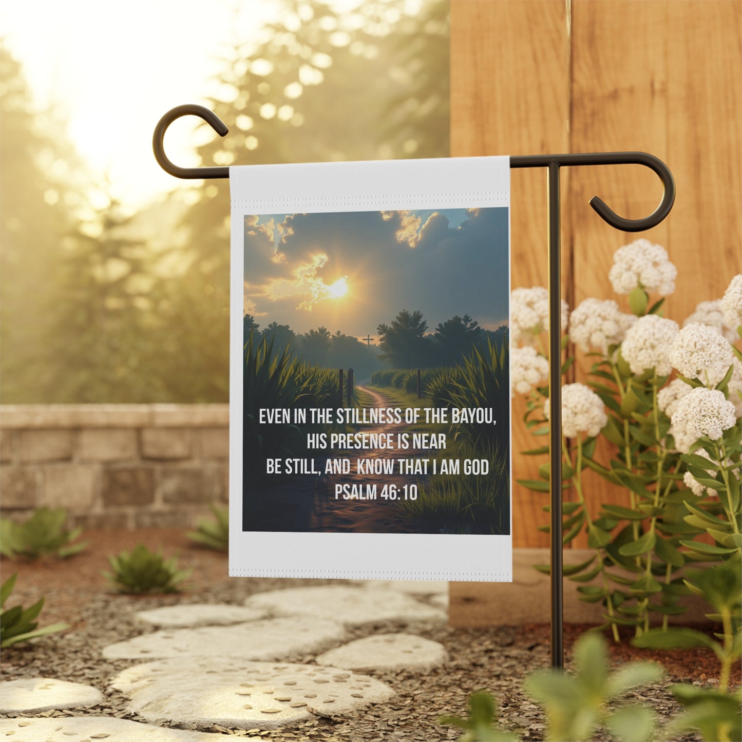 Psalm 46:10 Bayou Garden Flag — Inspirational Christian Welcome Banner