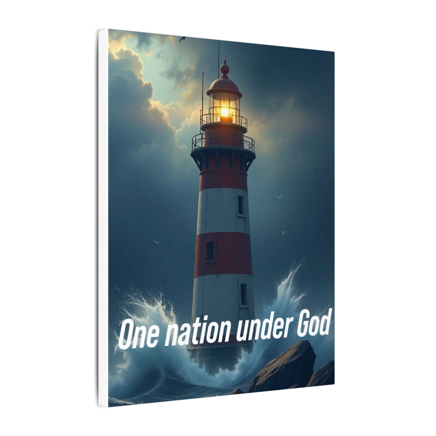 Lighthouse Matte Canvas Wall Art - "One Nation Under God" Patriotic Coastal Print