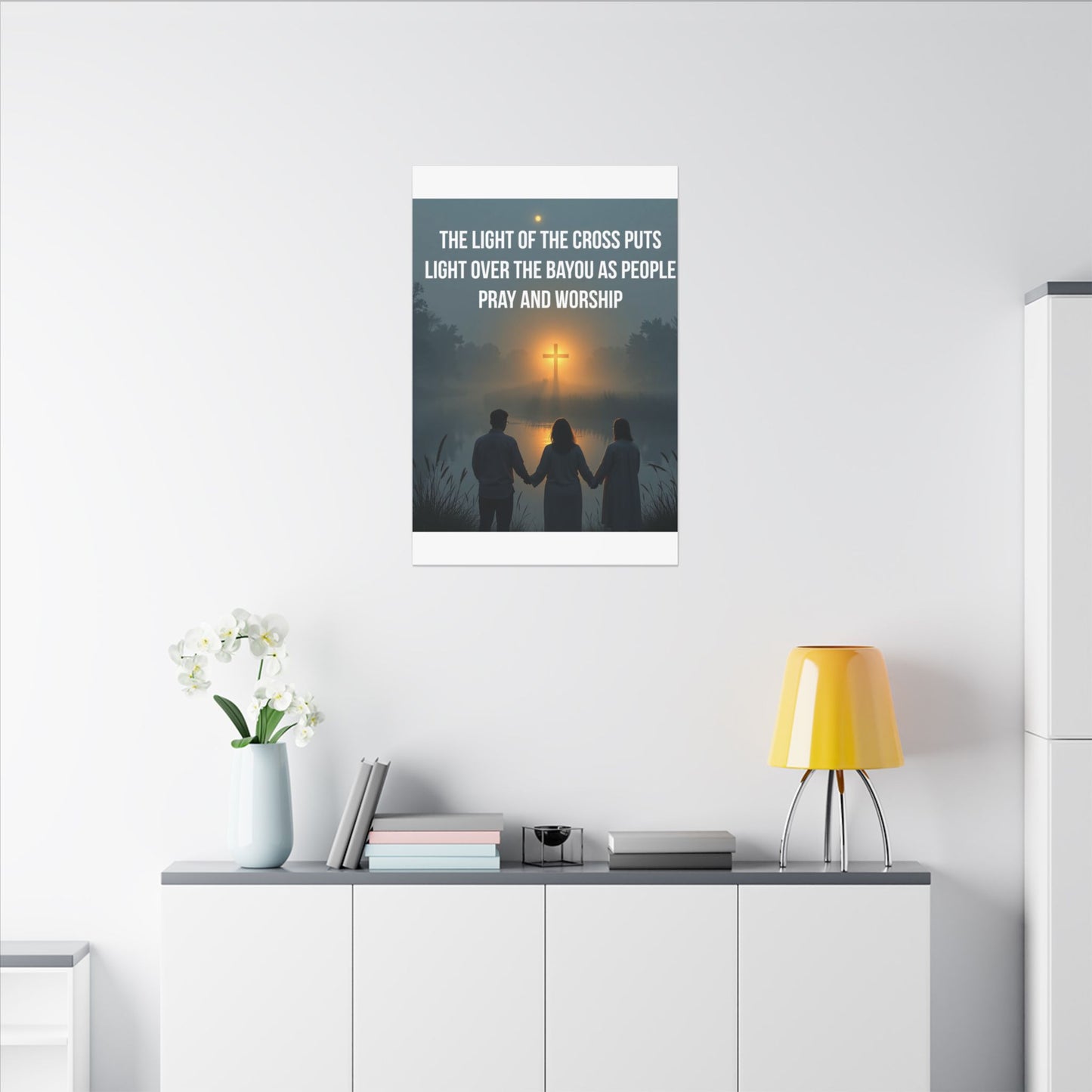 Faith Wall Art Canvas — “The Light of the Cross Puts Light Over the Bayou as People Pray and Worship”