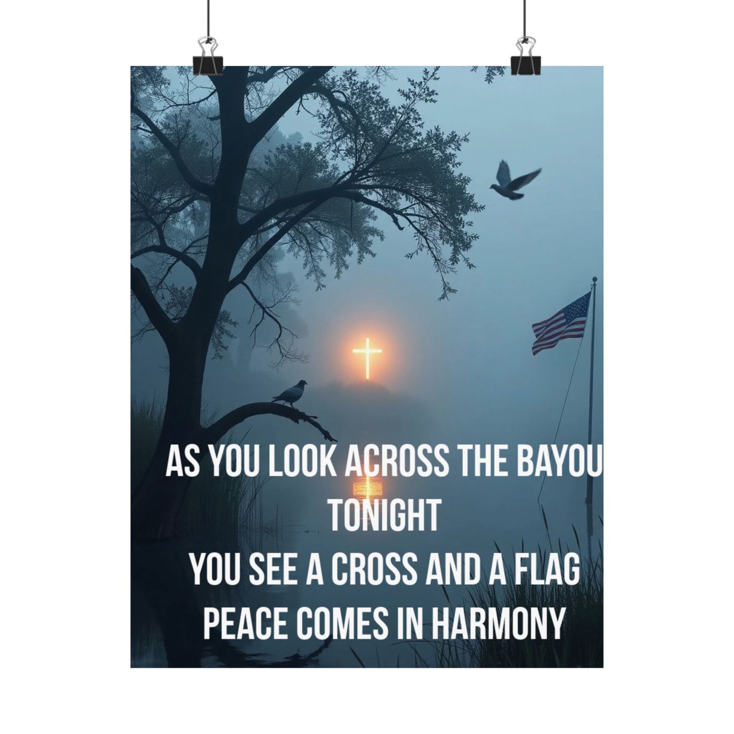 Satin Poster — 'As You Look Across the Bayou Tonight' Inspirational Cross & Flag Wall Art