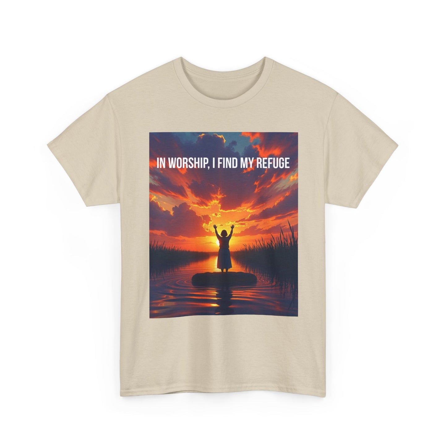 Worship Refuge T-Shirt — "In Worship, I Find My Refuge" Sunset Silhouette Christian Tee