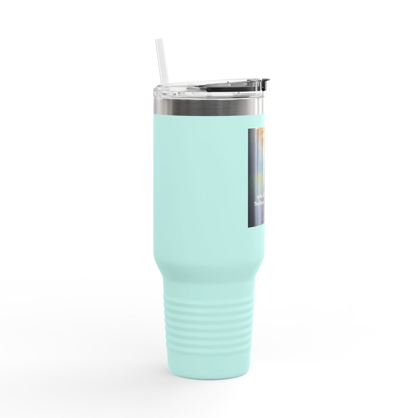 40oz Insulated Travel Mug — Tropical Sunset Scenic Design with Inspirational Quote