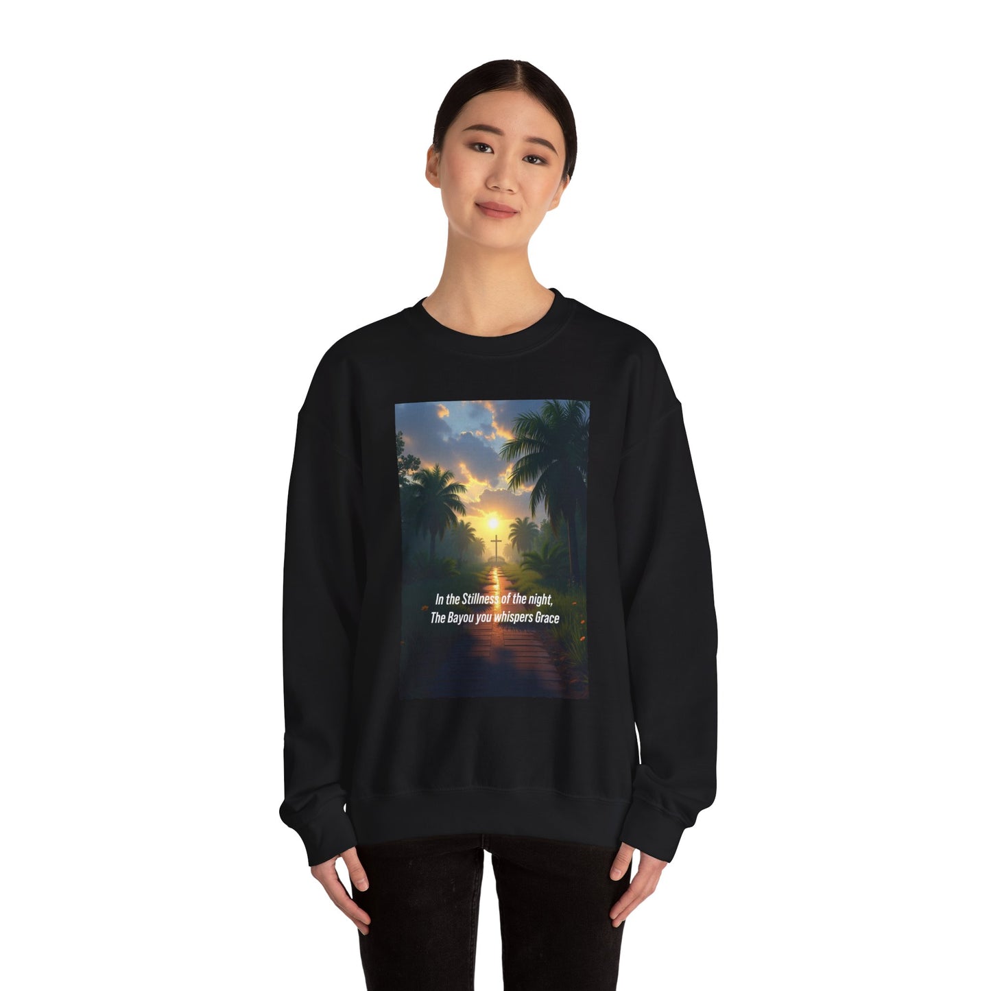 Sunset Palm Cross Sweatshirt — 'In the stillness of the night, The Bayou you whisper Grace'