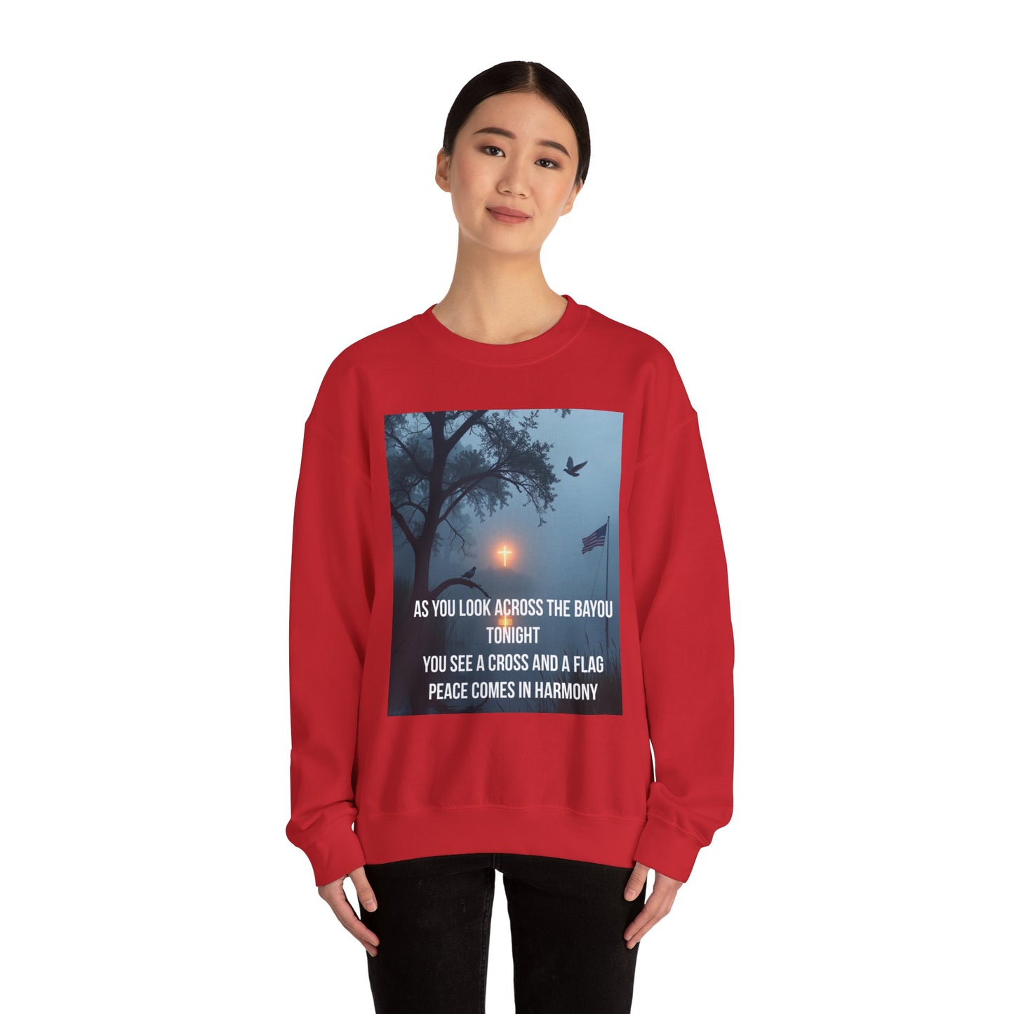 Crewneck Sweatshirt — Bayou Nightscape with Lyrics: "As You Look Across the Bayou Tonight"