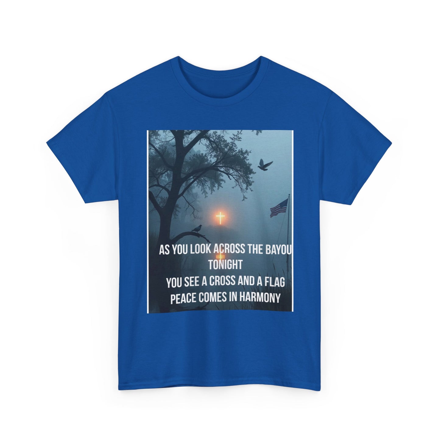 T-Shirt — Bayou Sunset Cross & Flag Graphic Tee ("As You Look Across the Bayou Tonight")