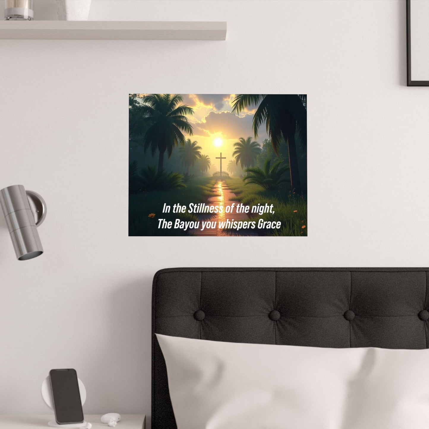 Christian Bayou Sunset Satin Poster — "In the Stillness of the Night, The Bayou You Whispers Grace"